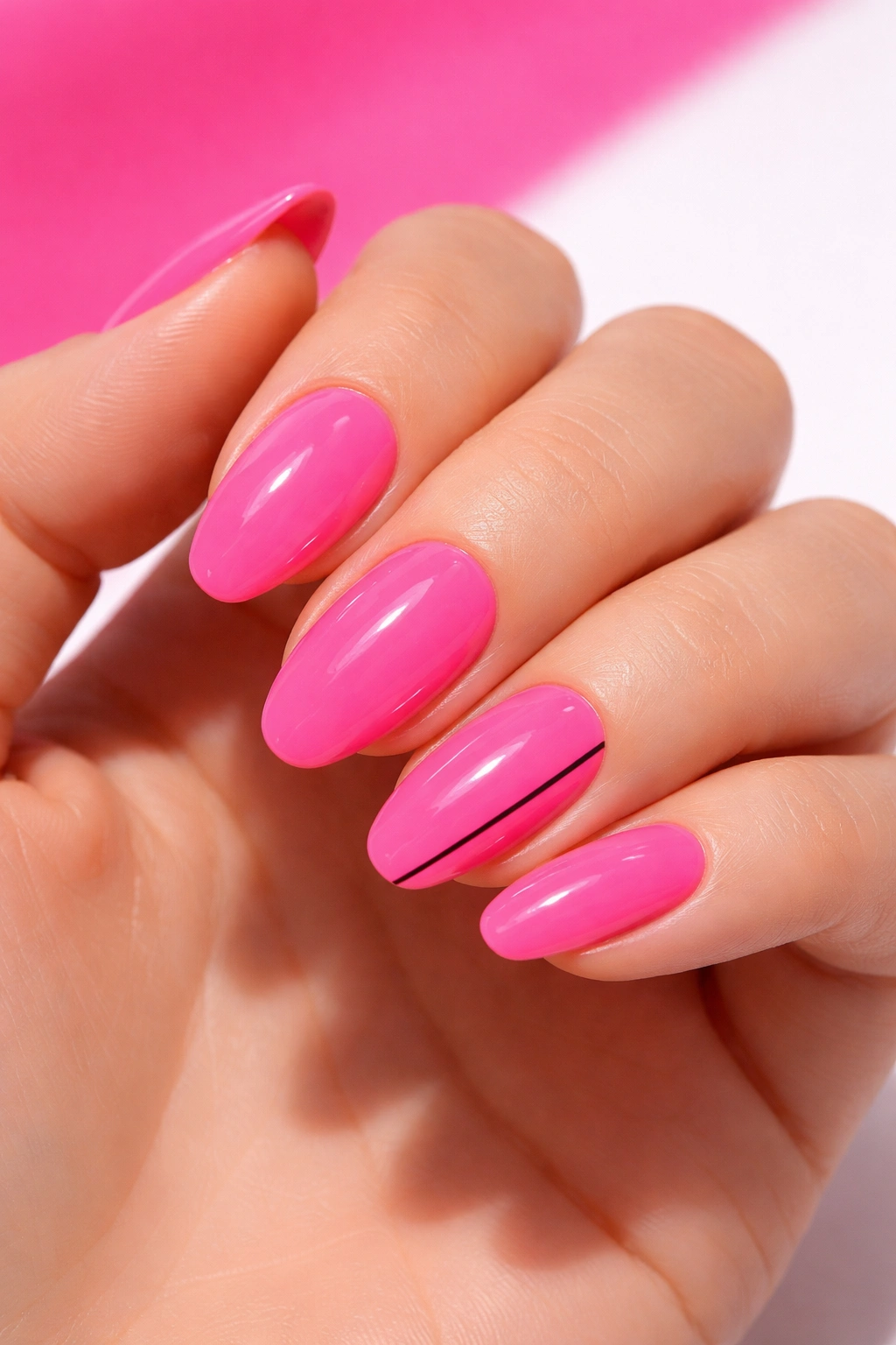 Neon pink nails with a single minimalist line accent