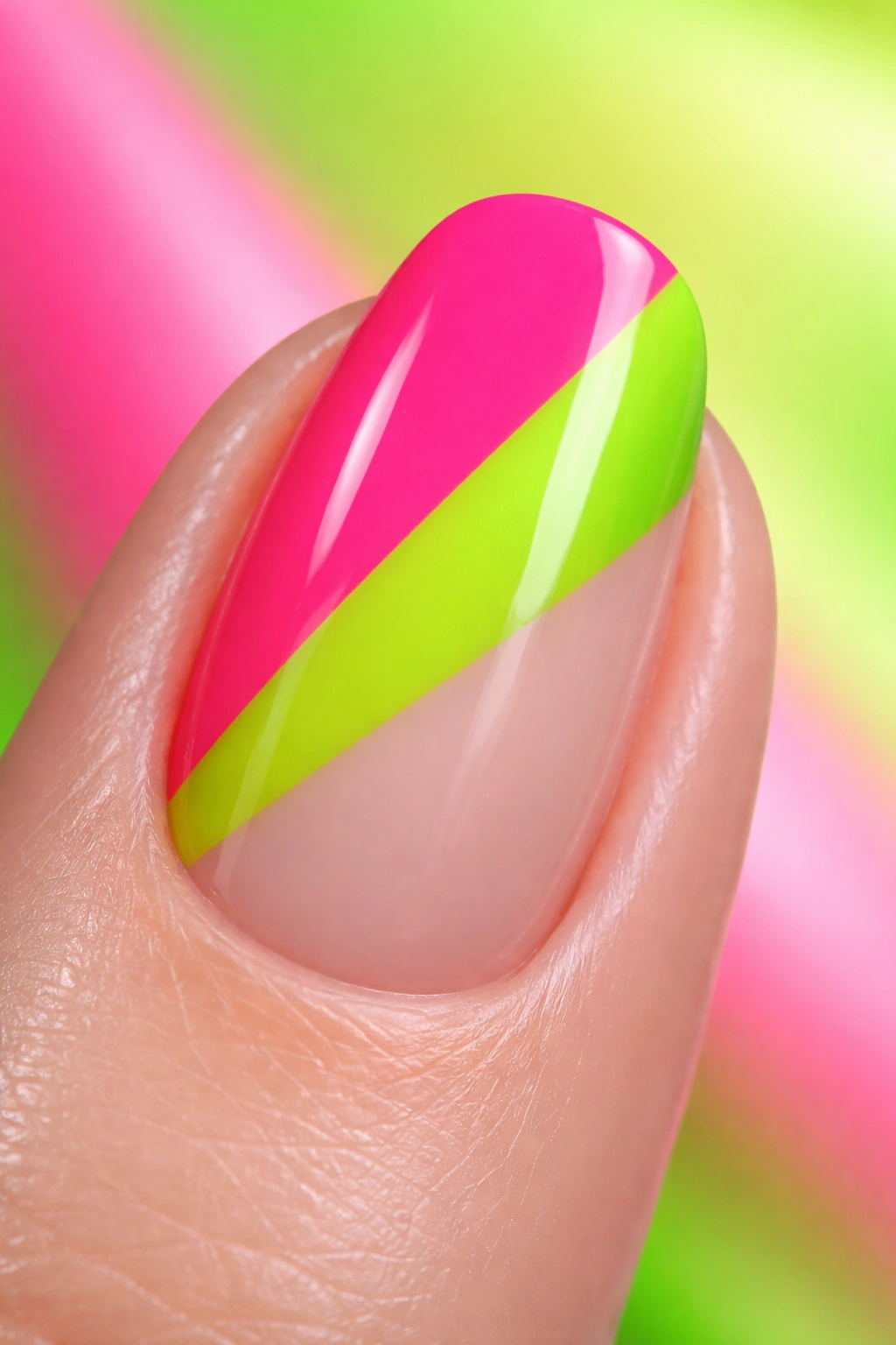 Close-up of a neon pink and neon green color-blocked nail with a diagonal edge on a nude base