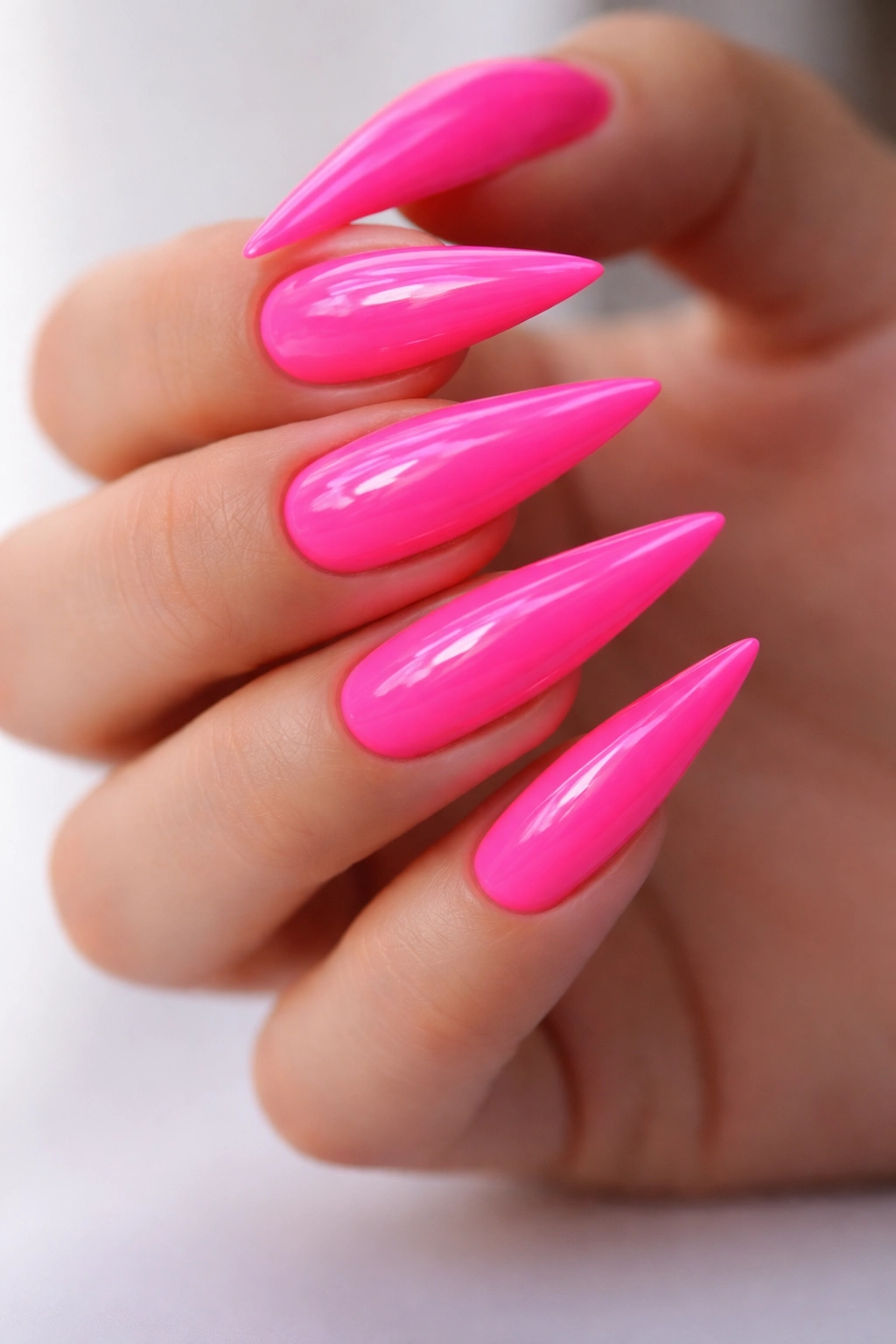 Close-up of neon pink stiletto nails on a hand