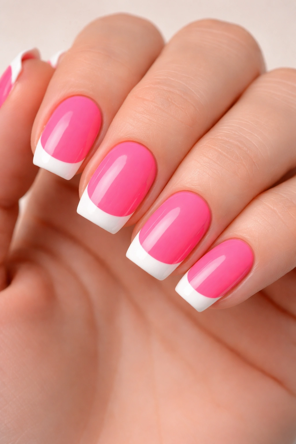 Close-up of short squoval nails with neon pink base and white French tips