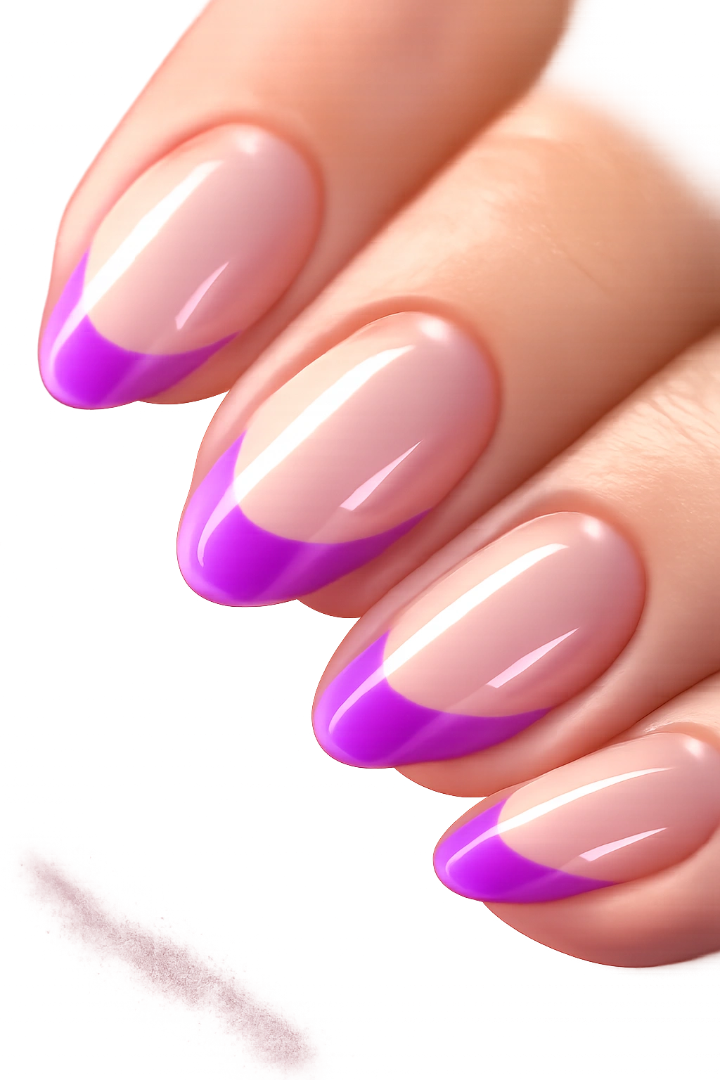 Close-up of a neon electric purple french tip on a clear base