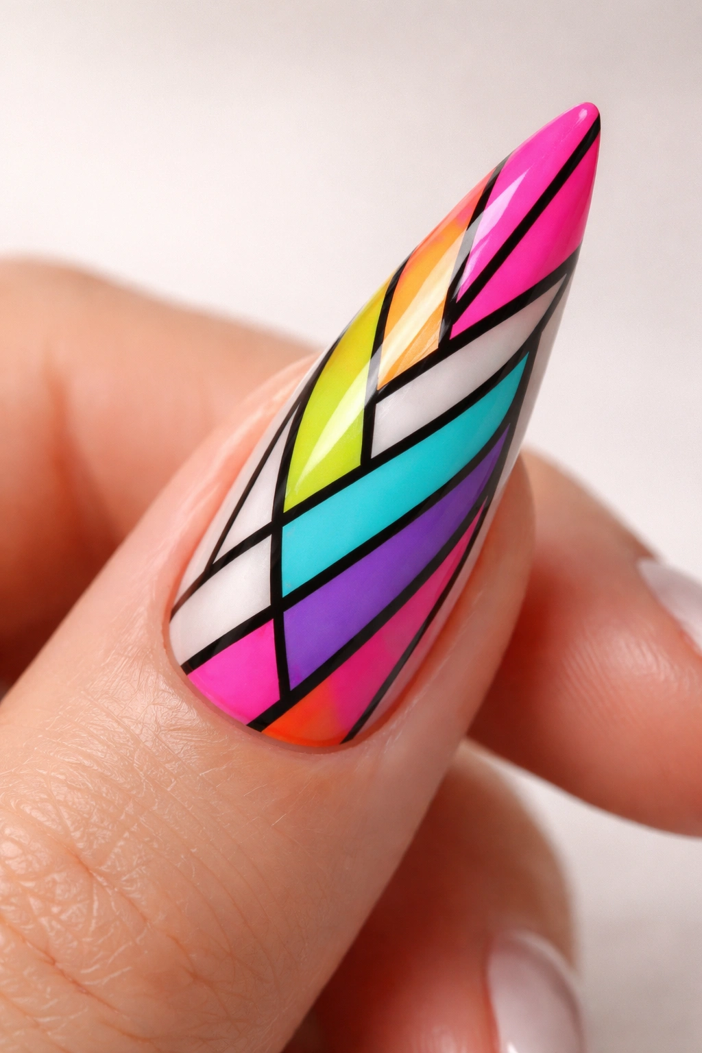Stiletto nail with neon rainbow colors and black outlines on a pale base
