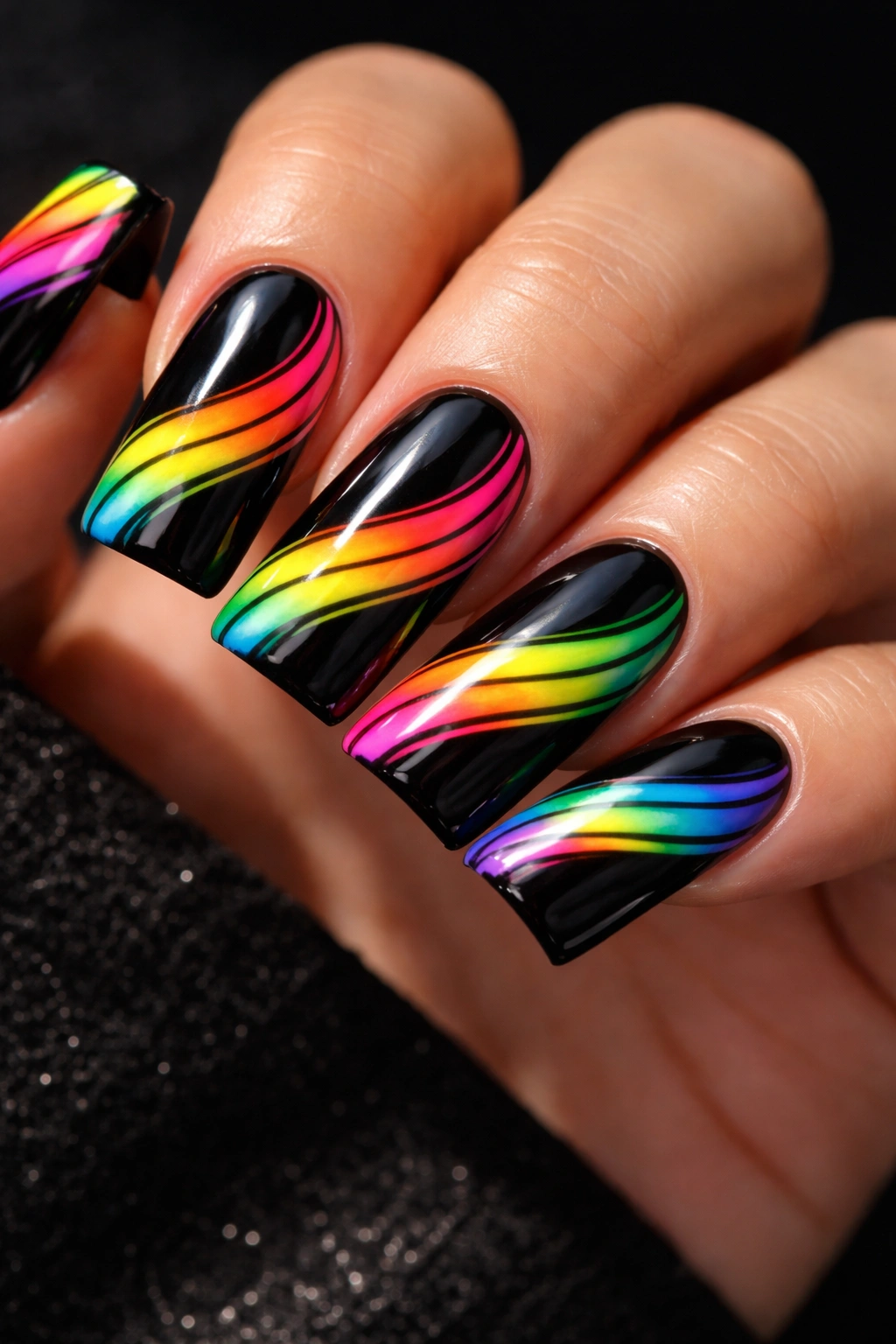 Close-up of neon rainbow on black-based duck nails with bold contrast