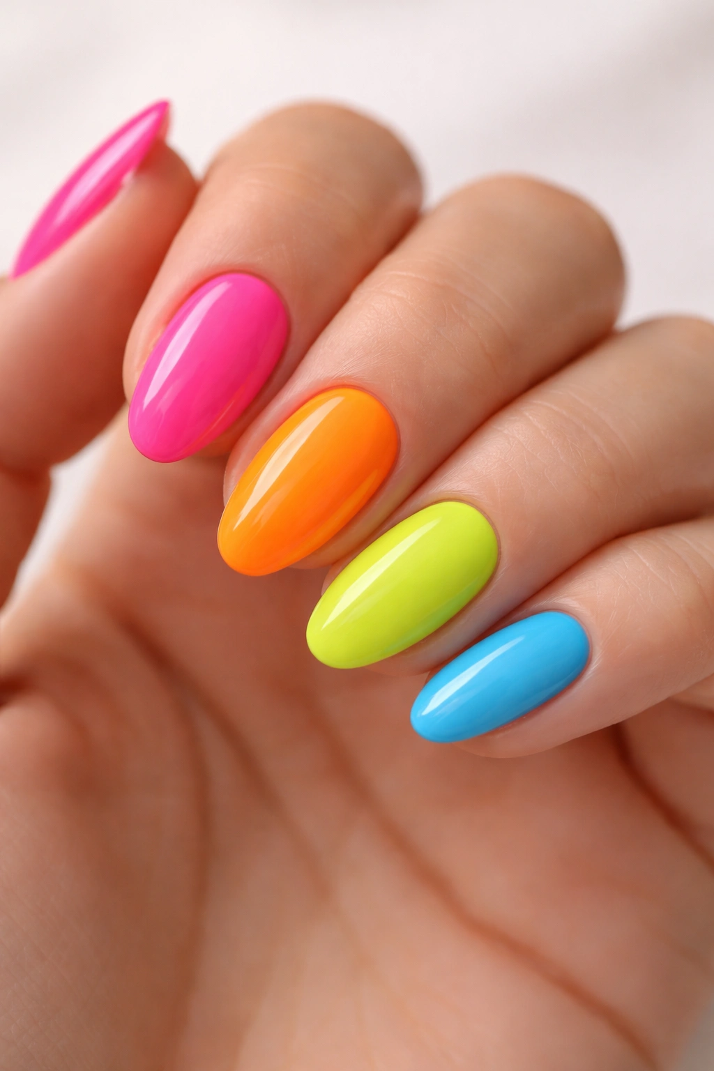 Close-up of several short almond nails in neon rainbow colors on a plain background