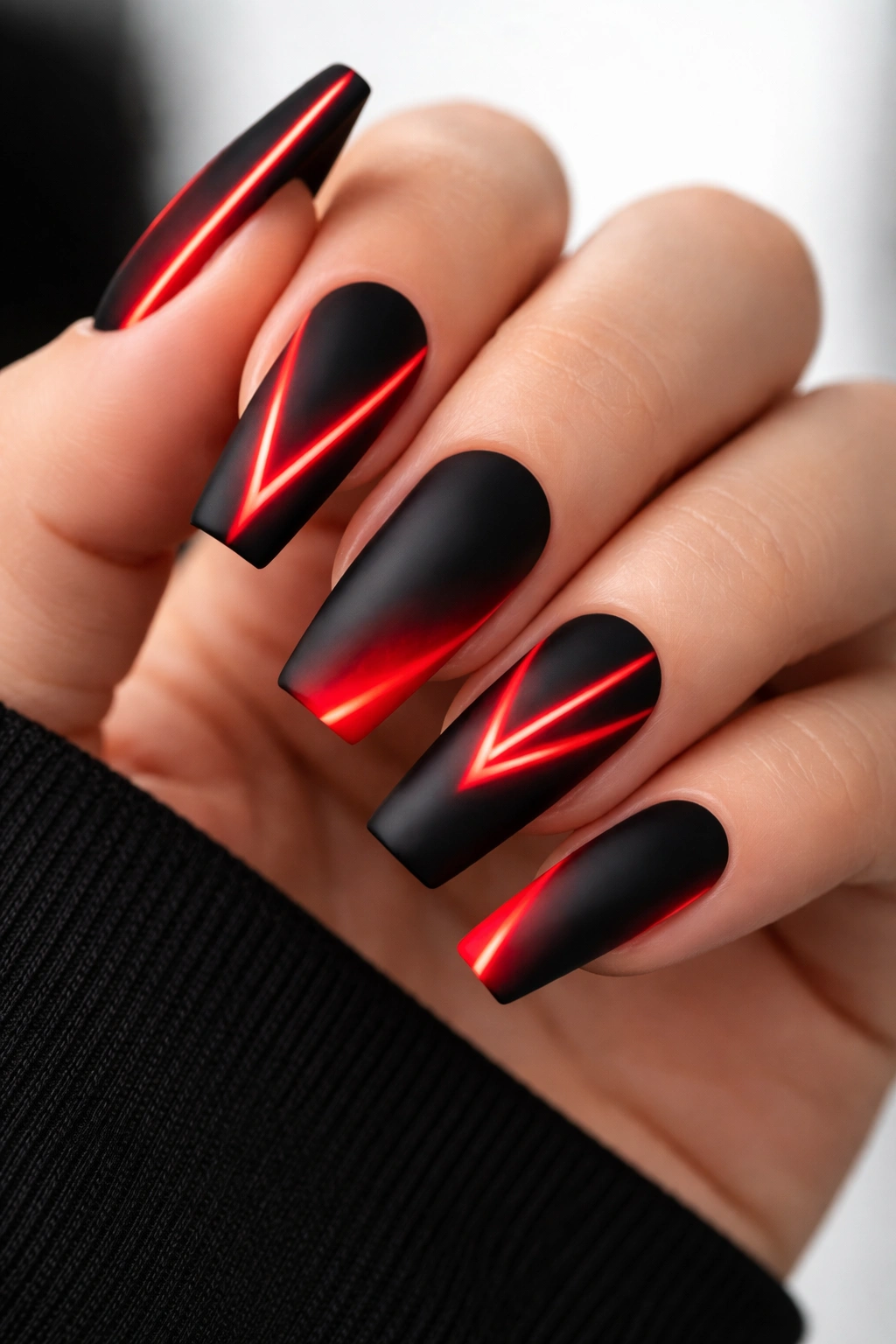 Matte black coffin nails with neon red accents