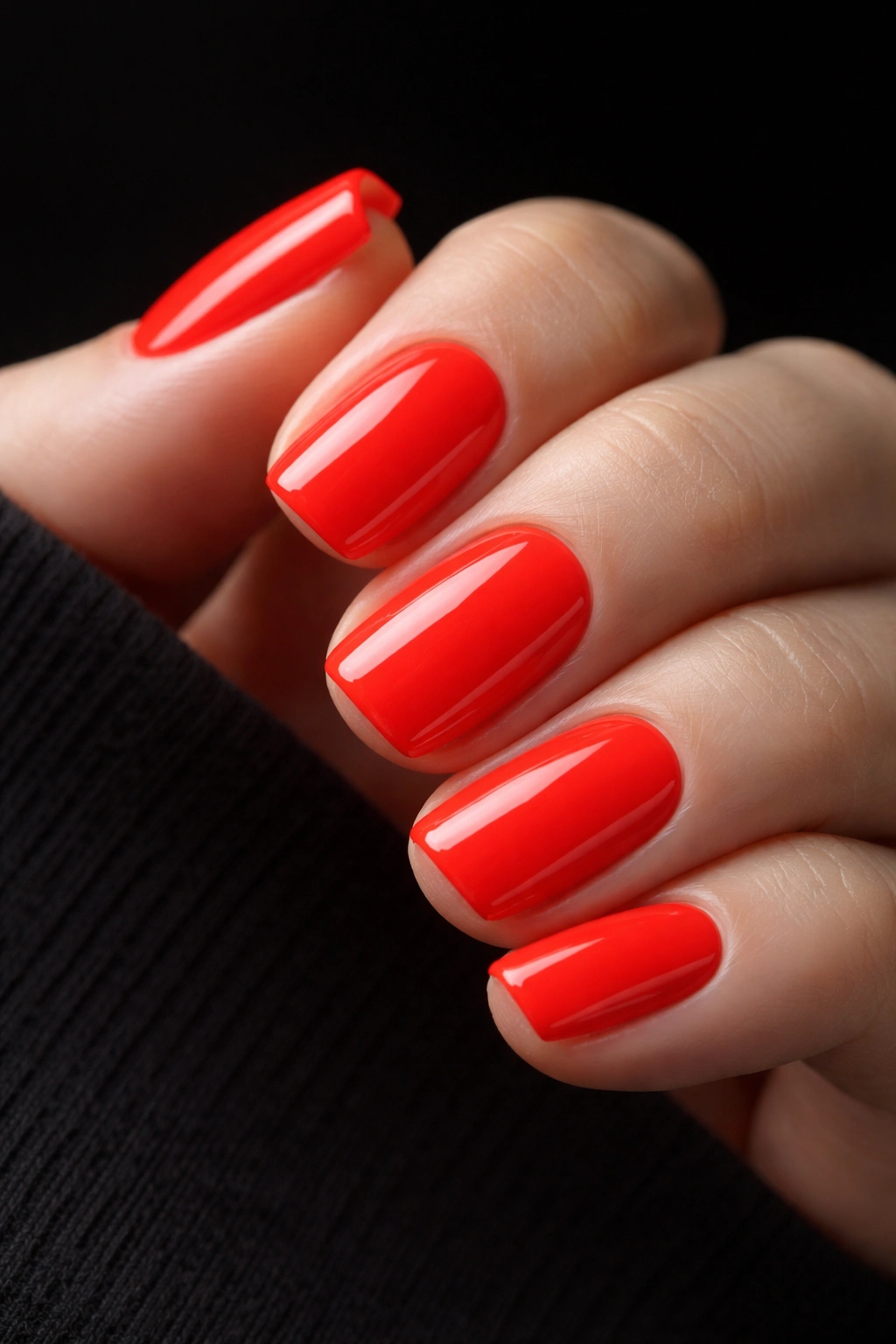 Close-up of short squoval neon red nails with glossy finish