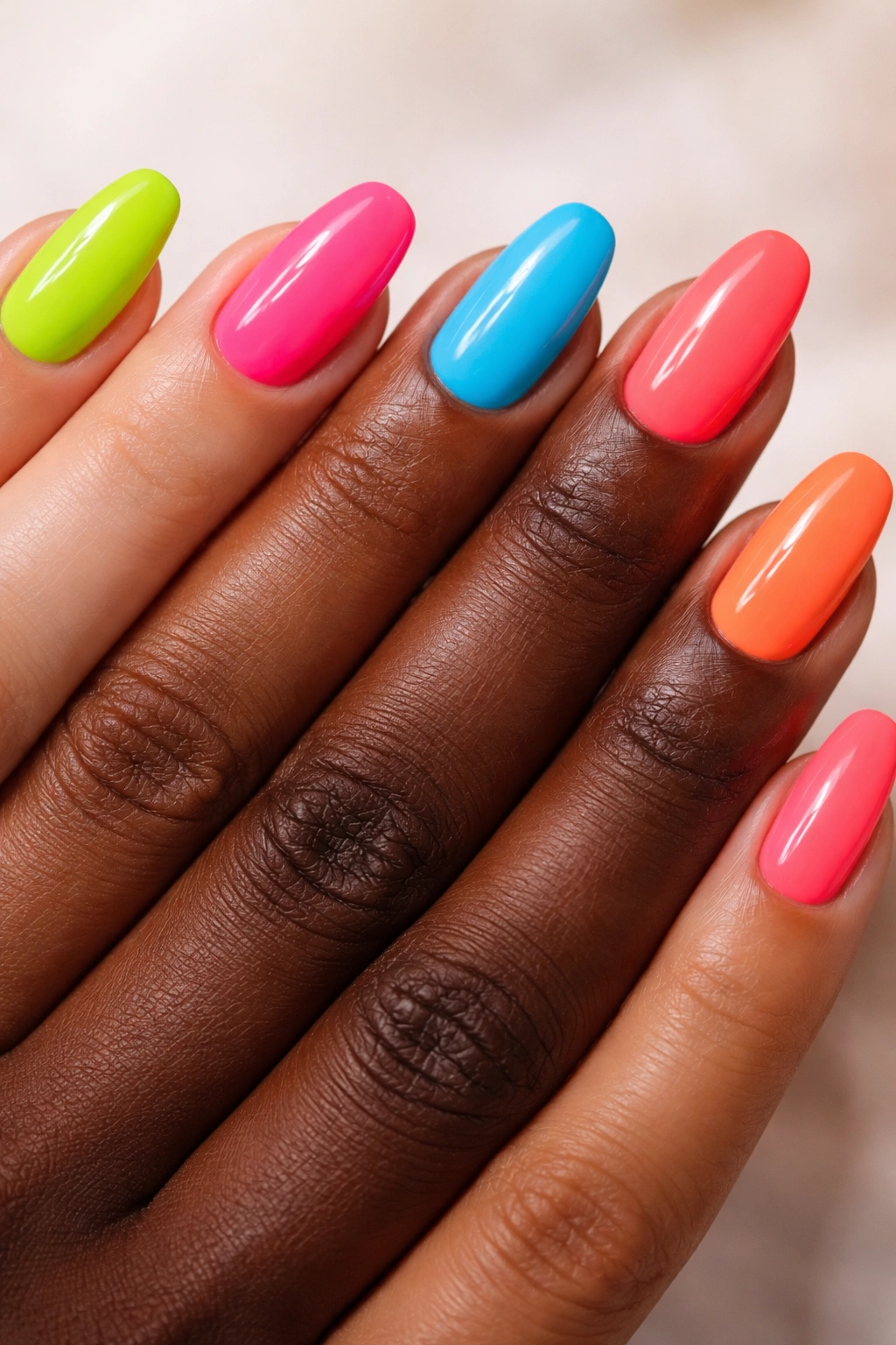Hand shown with neon lime green, hot pink, electric blue, and neon coral nails.
