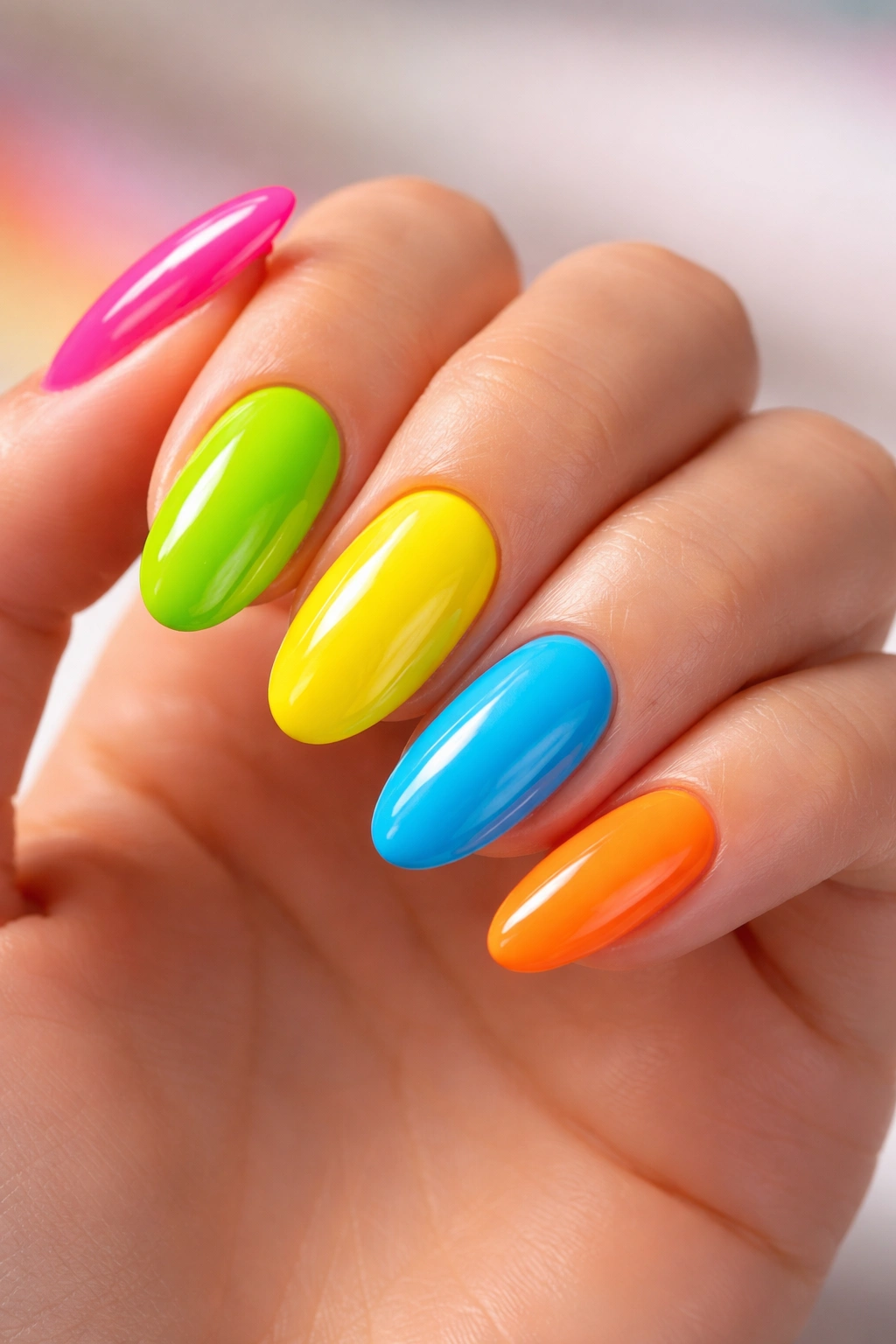 Close-up of hand with five neon colors on each nail in Skittle style
