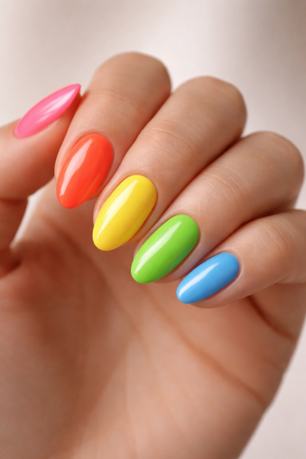 Close-up of a hand with multi-colored neon skittle nails on short almond tips