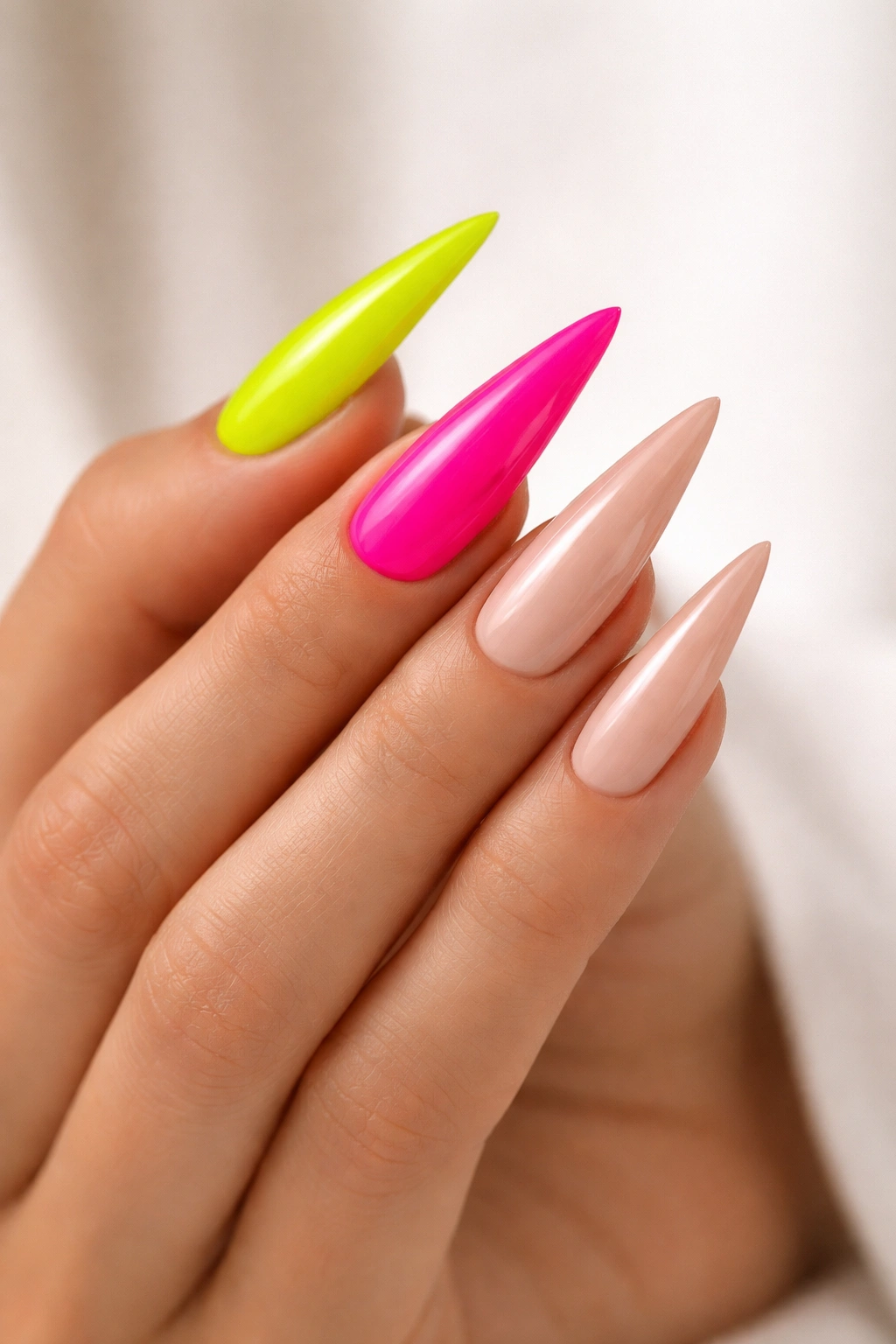 Close-up of stiletto nails with neon accent colors on neutral nails.