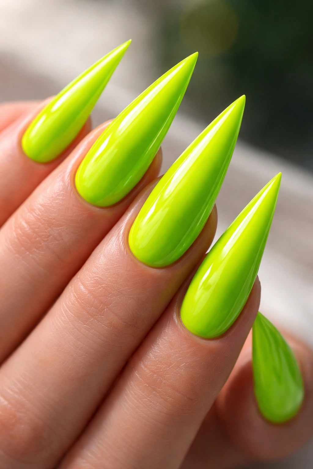 Neon lime green stiletto nails