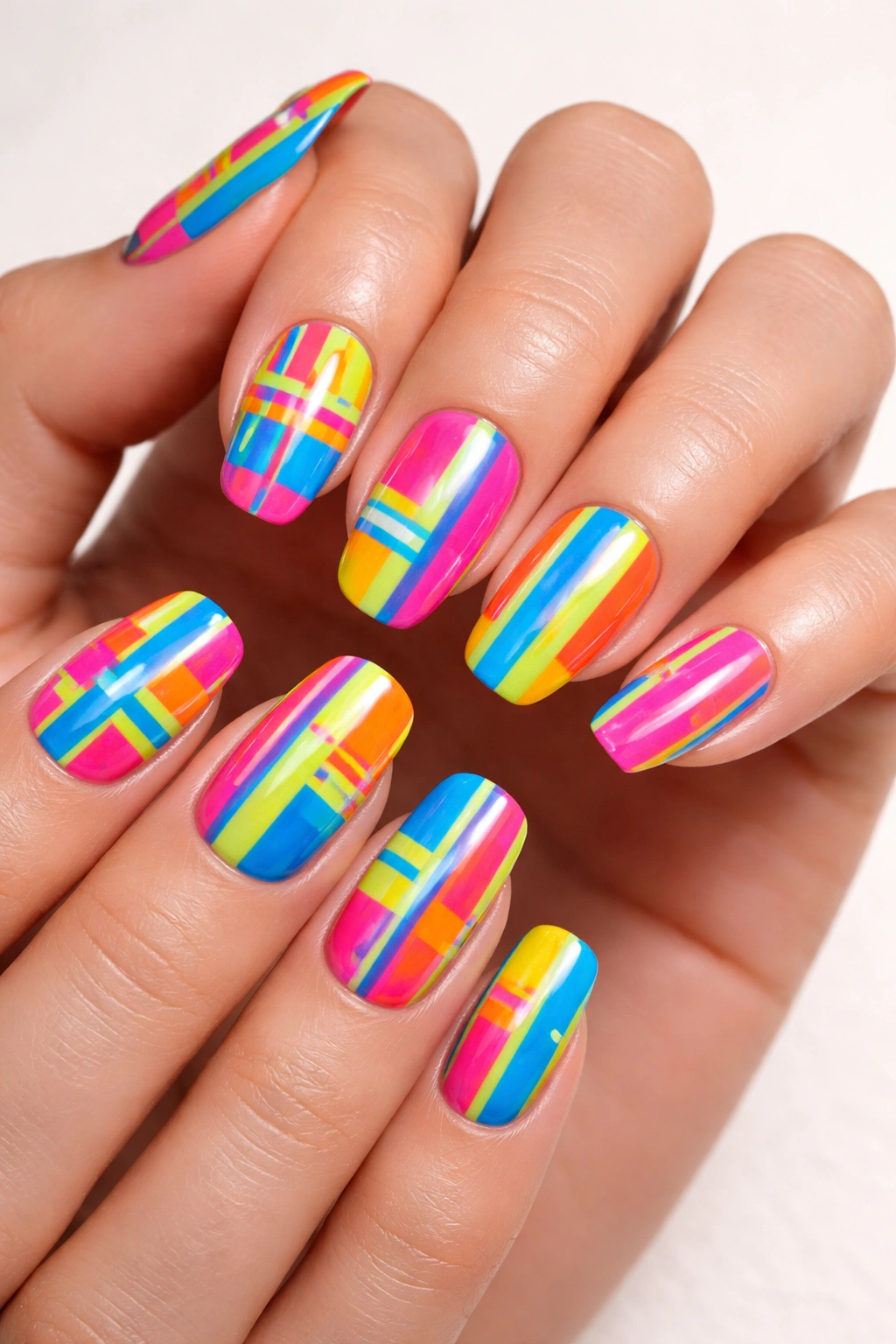 Close-up of neon striped nails with bold color stripes