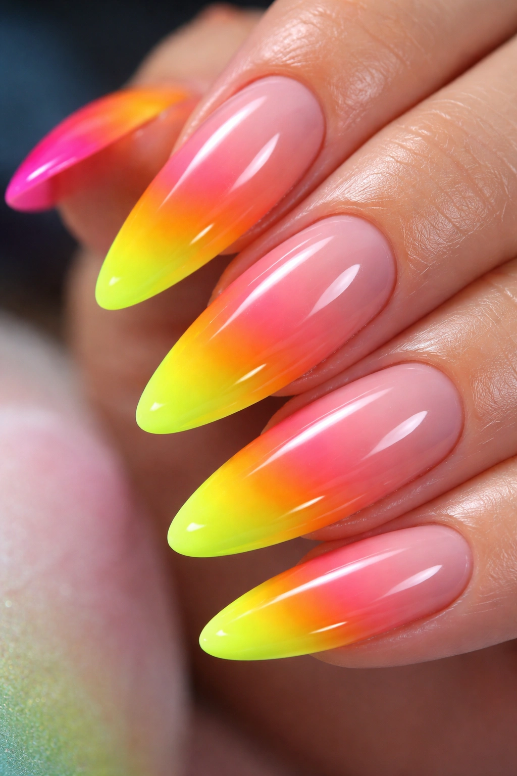 Neon thermal nails showing color-changing hues on a nude base