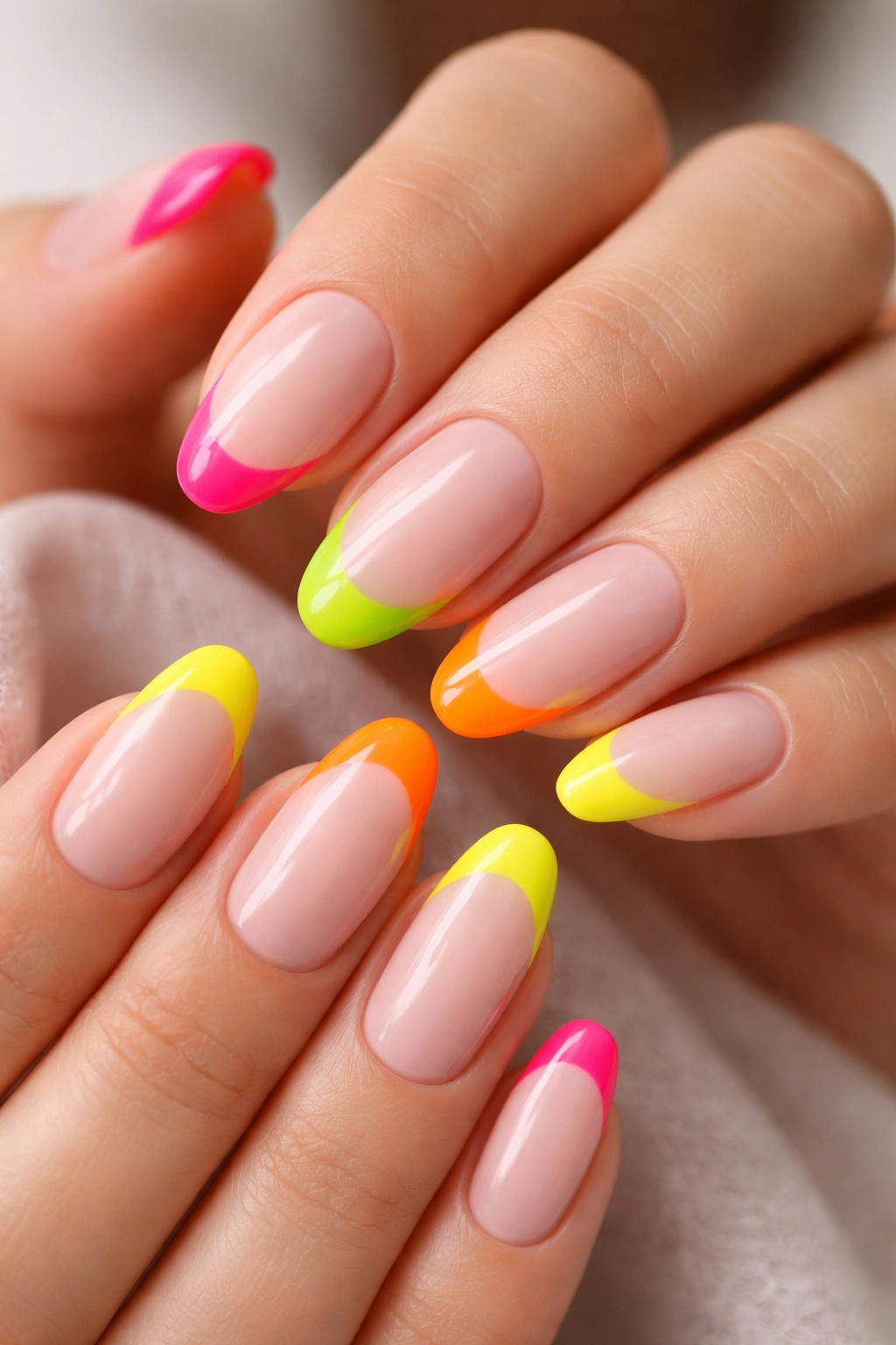 Close-up of hands with neon French tip nails in bright pink, green, orange, and yellow on a nude base