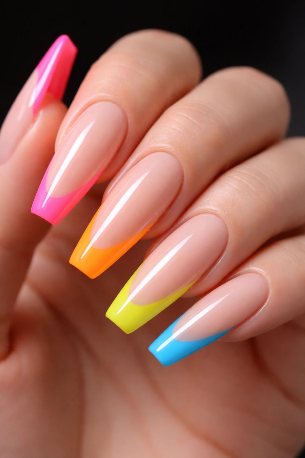 Long nails with neon tips on nude base in studio lighting