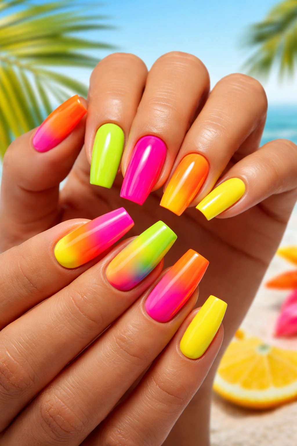 Close-up of neon tropical nails in bold colors on a beach-ready manicure