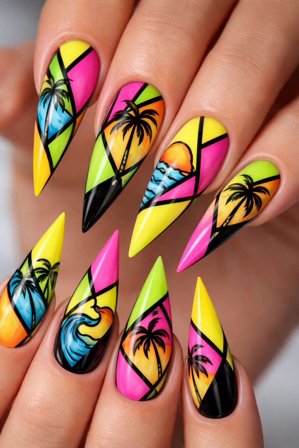 Stiletto nails with neon tropical geometric design on a neutral background