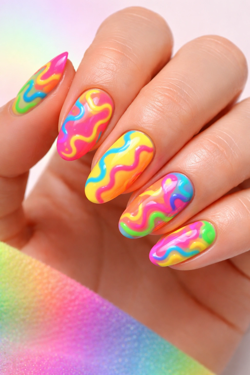 Neon Y2K abstract squiggles on nails