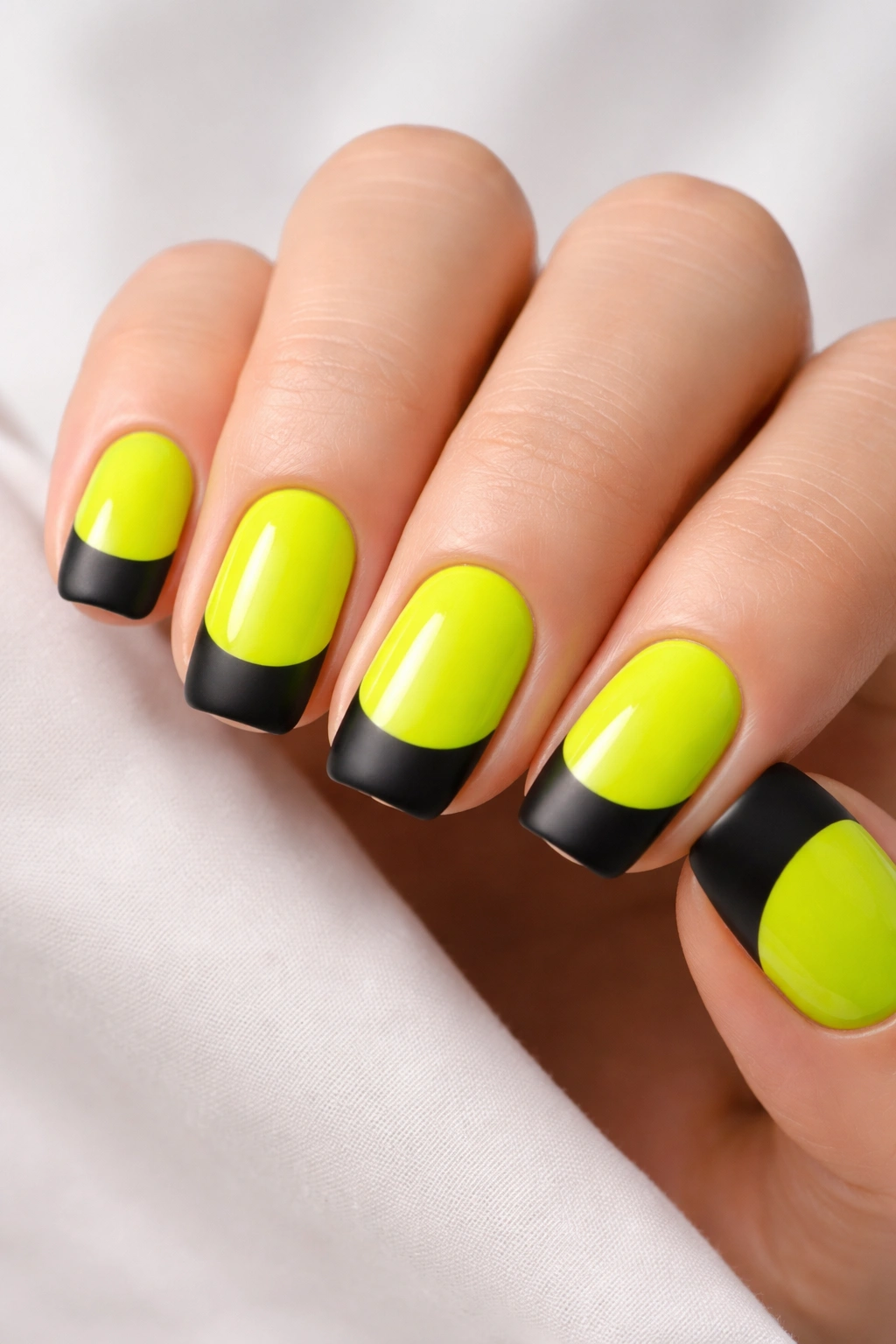 Close-up of short squoval nails with neon yellow-green base and matte black tips.