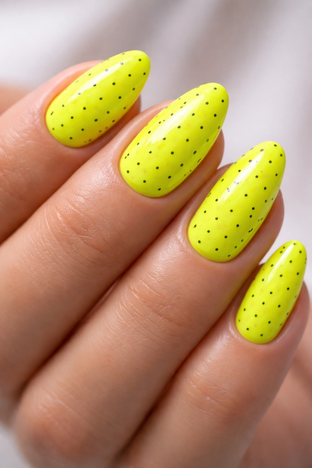 Close-up of neon yellow short almond nails with tiny black dots