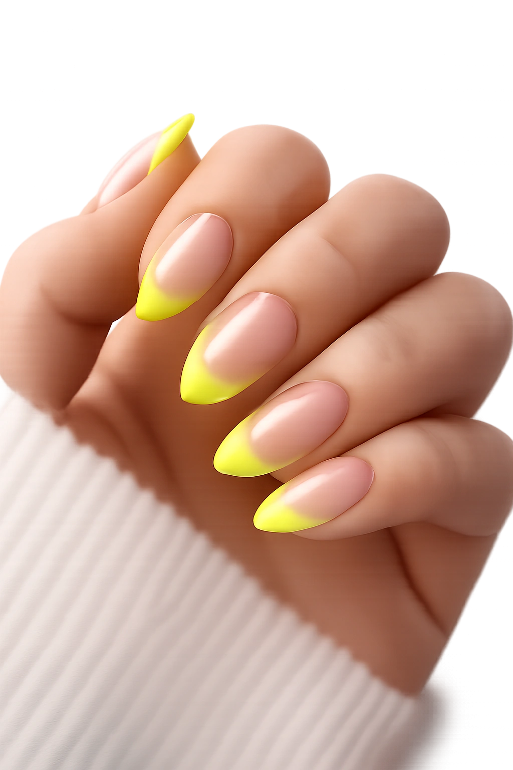 Close-up of short almond nails with clear base and neon yellow tips