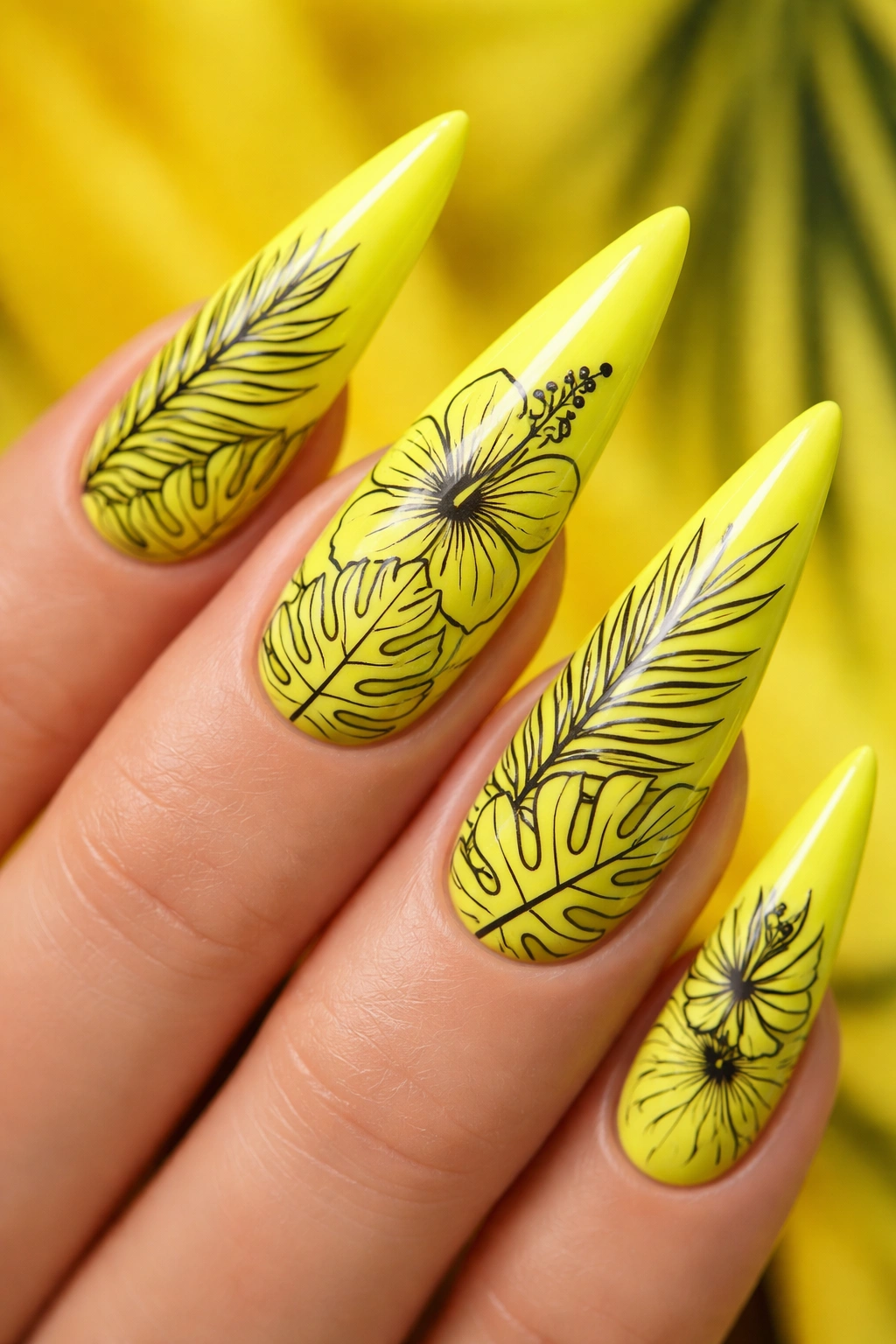 Neon yellow nail with black tropical line art