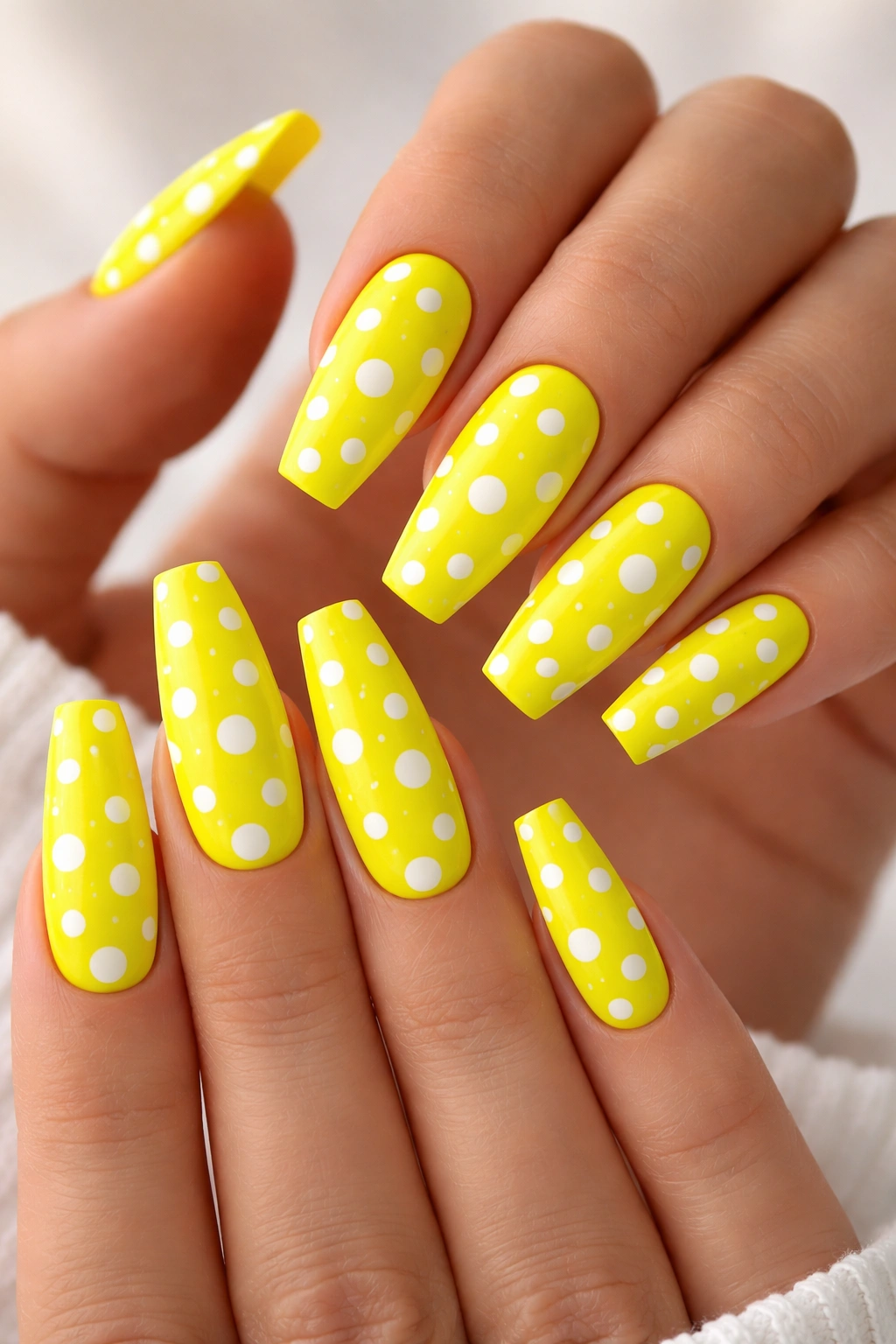 Close-up of neon yellow coffin nails with white polka dots across nails