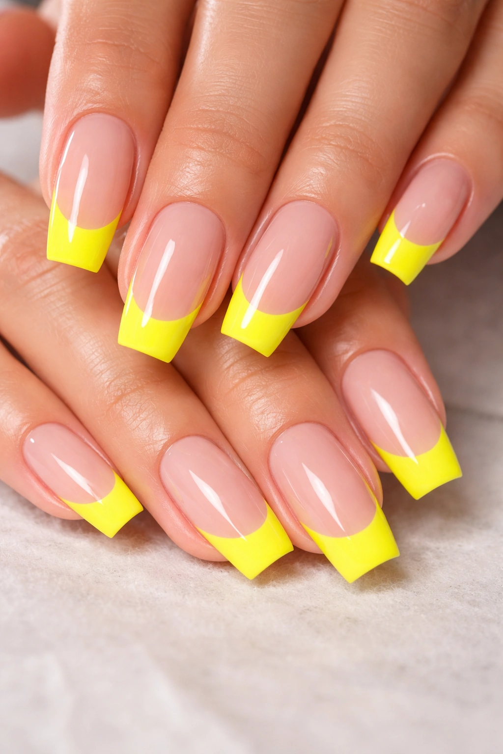 Close-up of bold neon yellow French tip nails on long nails with clear base