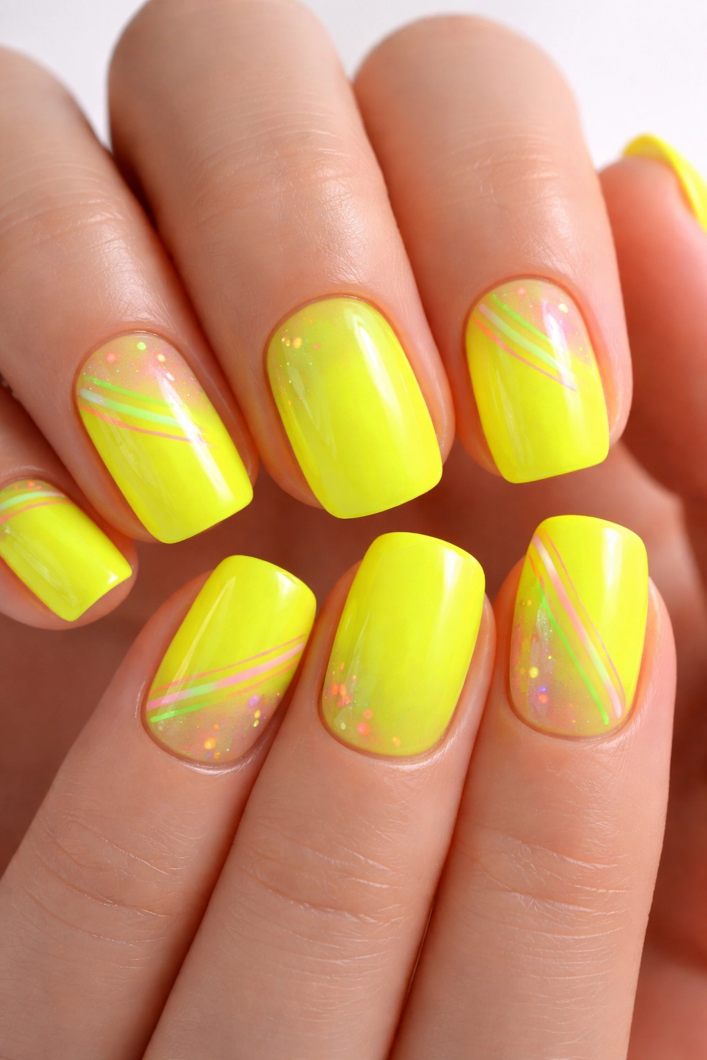 Close-up of neon yellow squoval nails with UV-reactive accents