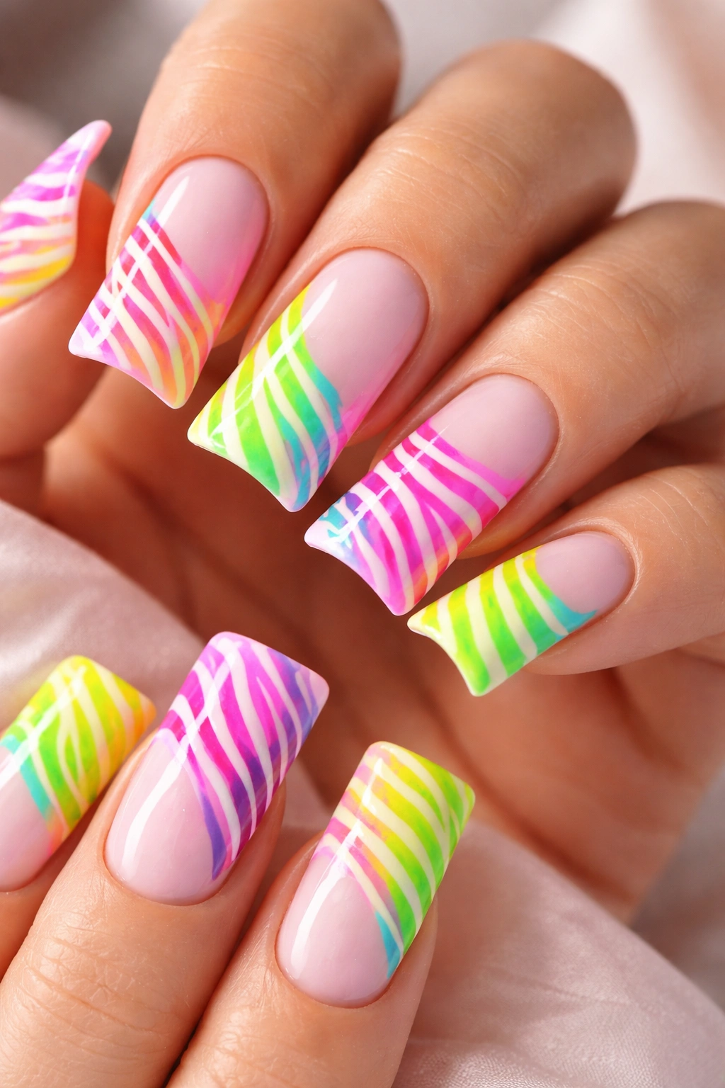 Neon zebra stripes on pastel base duck nails