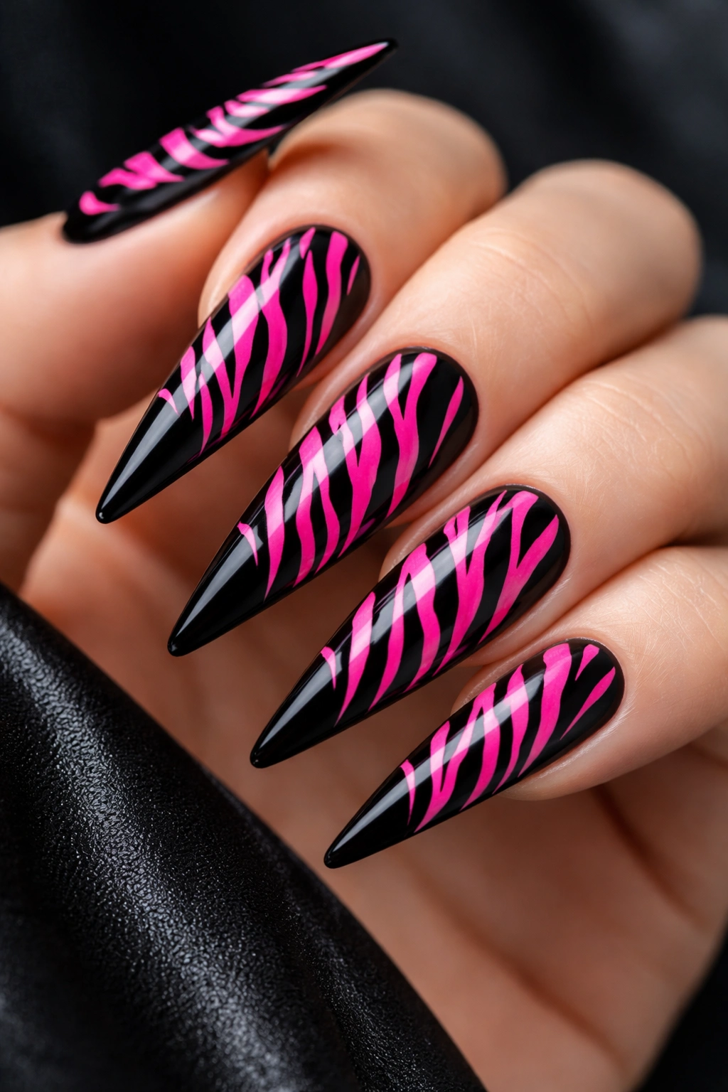 Stiletto nails with neon pink zebra stripes on black base