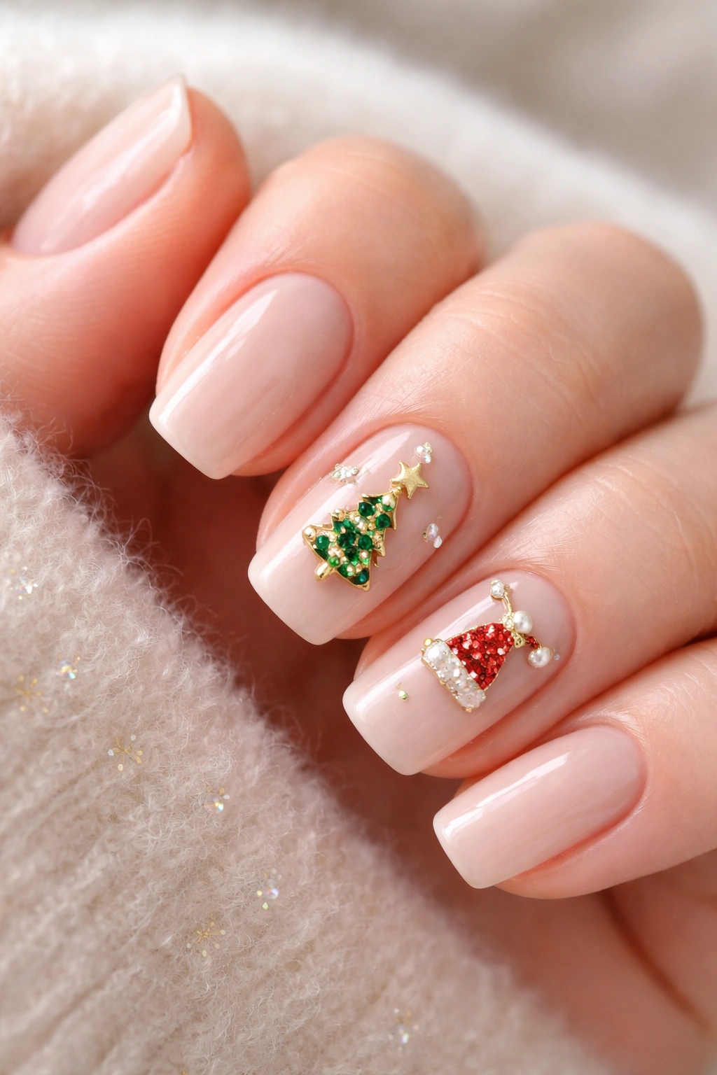 Close-up of neutral base nails with holiday charms on accent nails