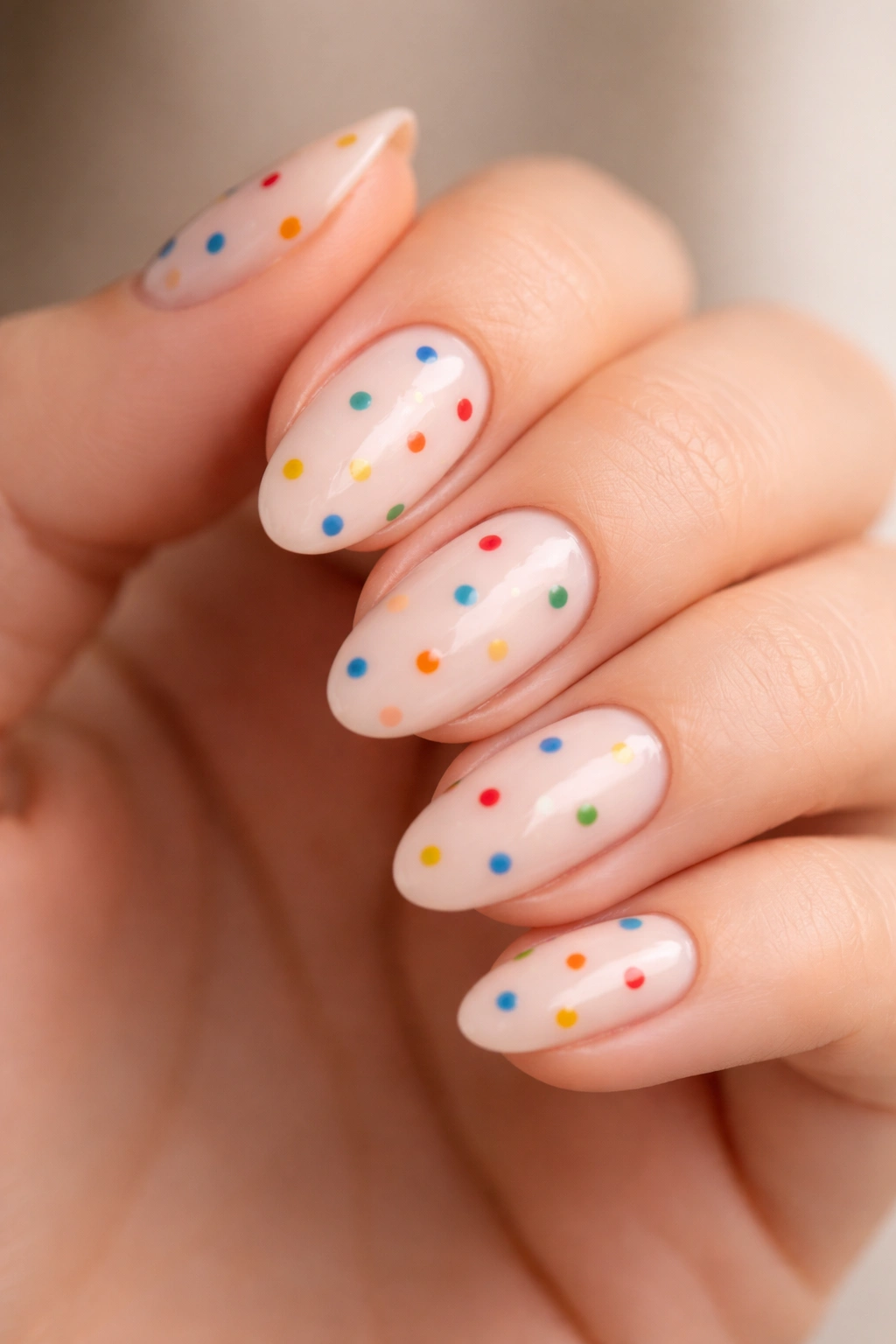 Almond nails with multicolor dots on neutral base