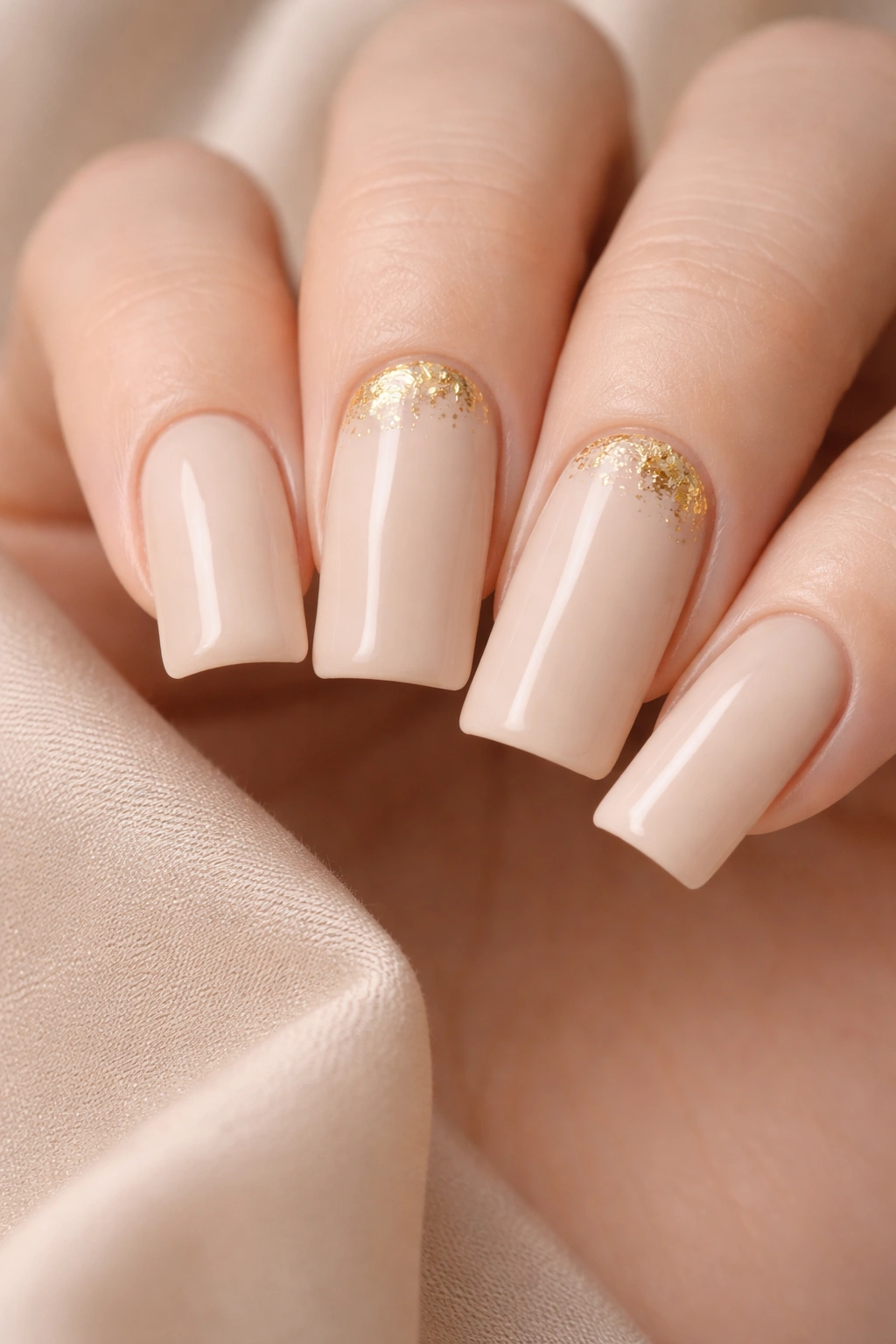 Medium duck nails in neutral beige with subtle gold foil accents