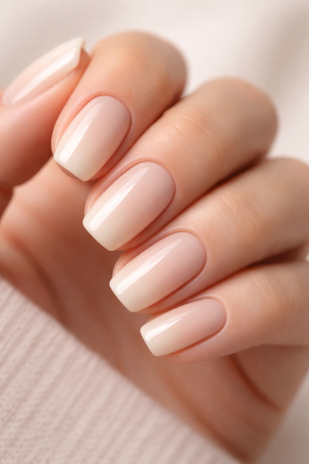 Close-up of nails with a gentle neutral gradient from cream to beige.