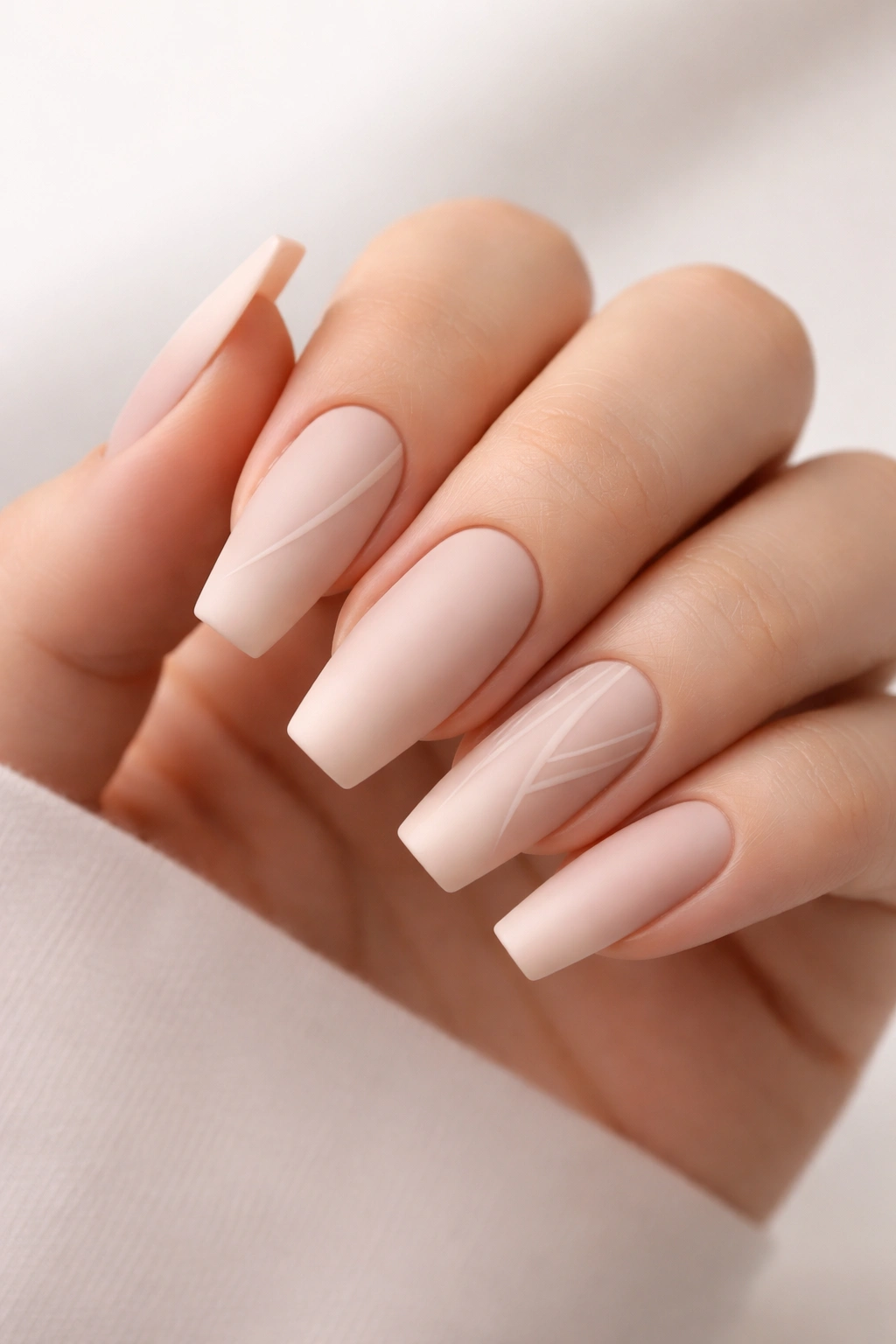 Close-up of nude matte coffin nails with negative-space accents.