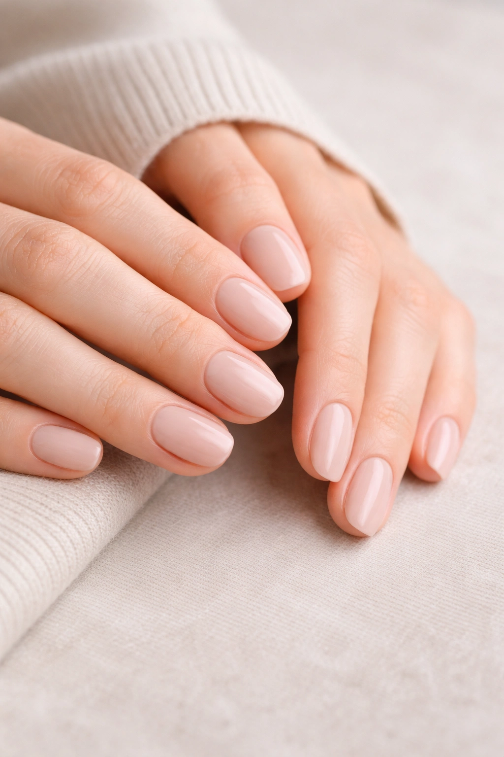 Close-up of hands with neutral polished nails on a light surface