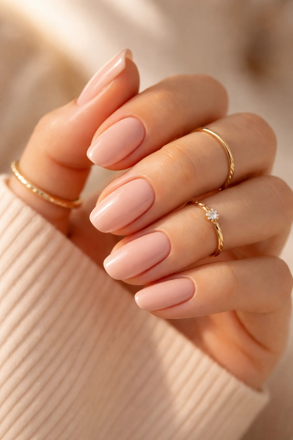 Close-up of neutral-toned nails with a gold ring under warm lighting