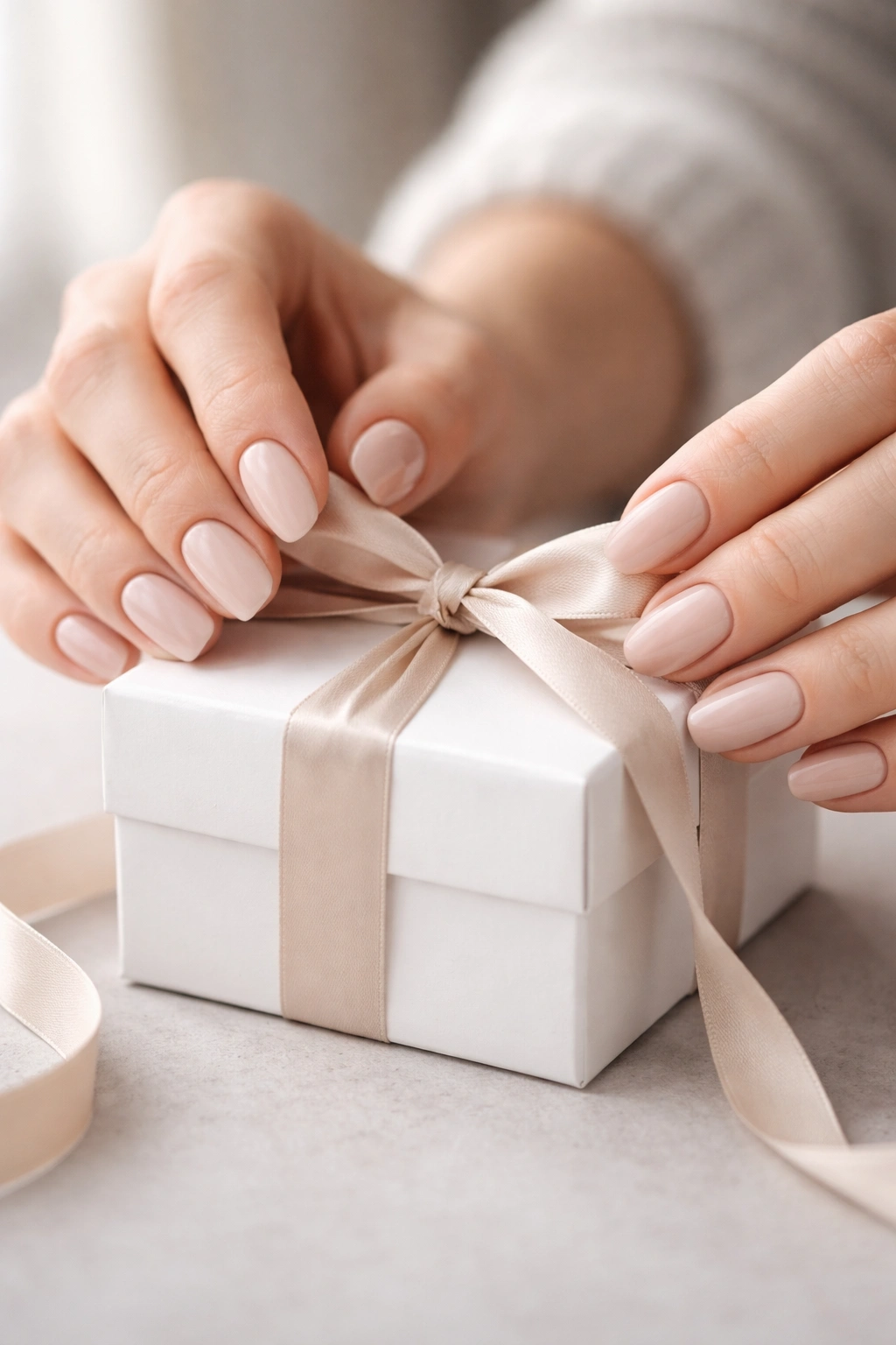 Close-up of hands with neutral nails wrapping a white box with beige ribbon, showcasing neutral nail color