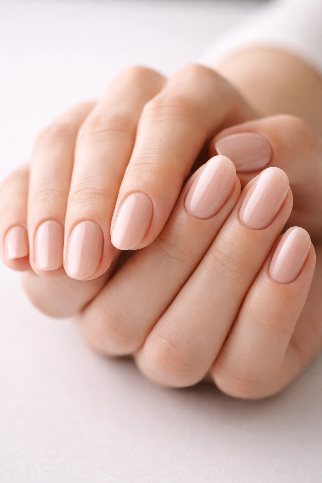 Close-up of hands with neutral-toned manicure, highlighting polished nails