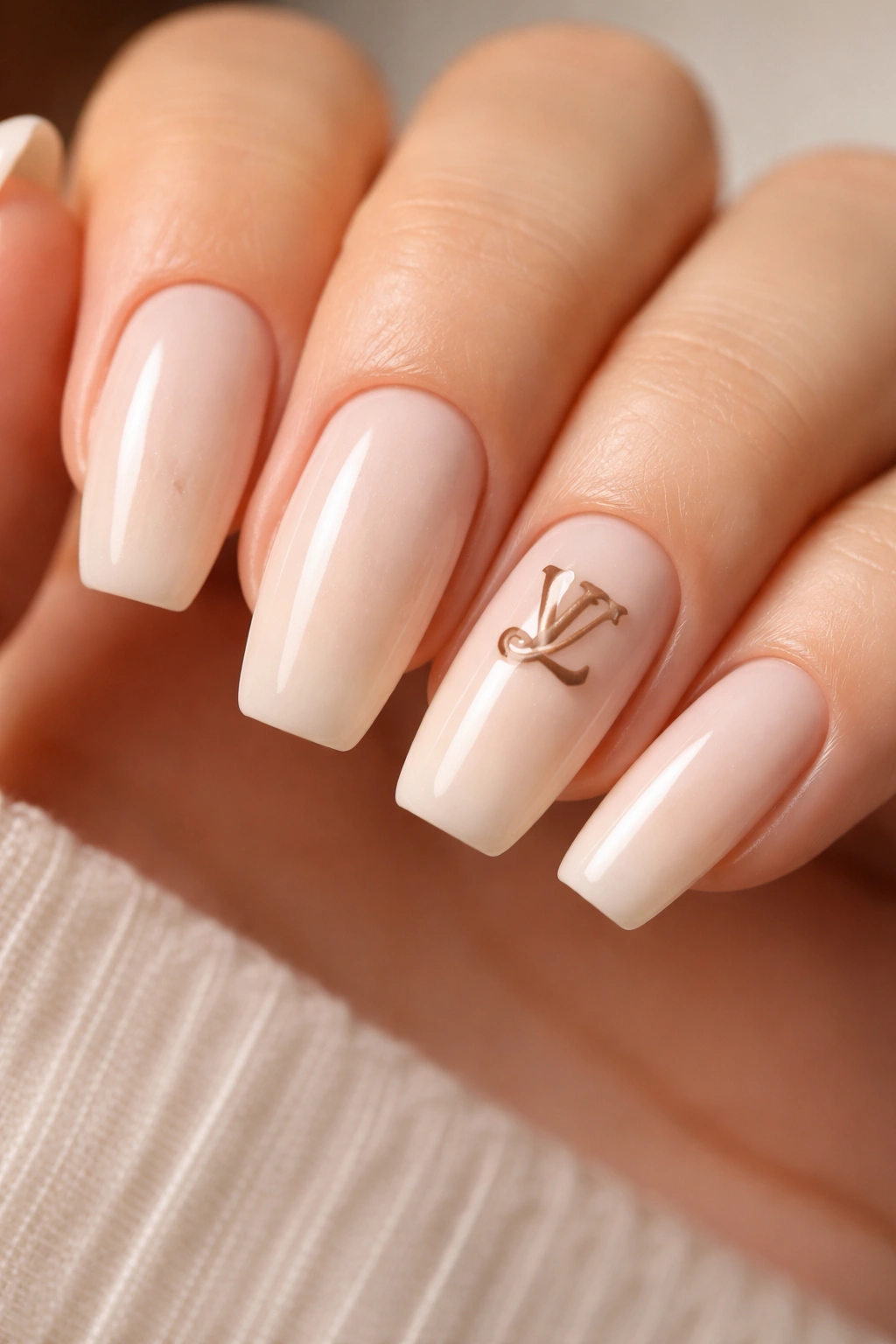 Close-up of neutral nails with a single abstract monogram accent on the ring finger
