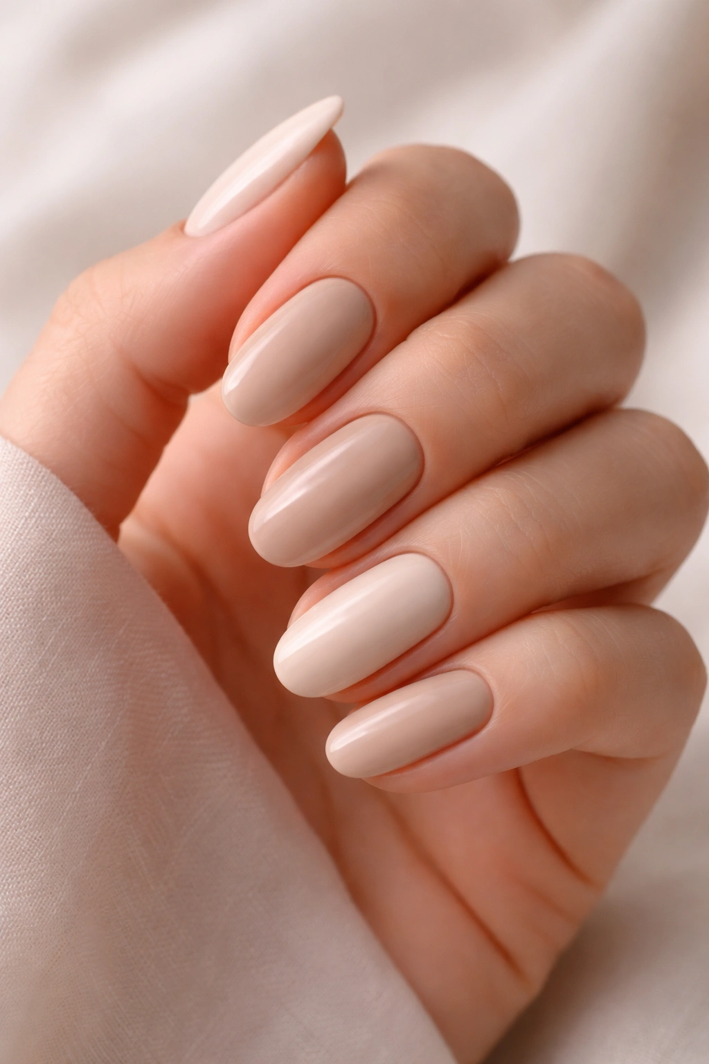 Close-up of hands with neutral nude nails on a soft backdrop