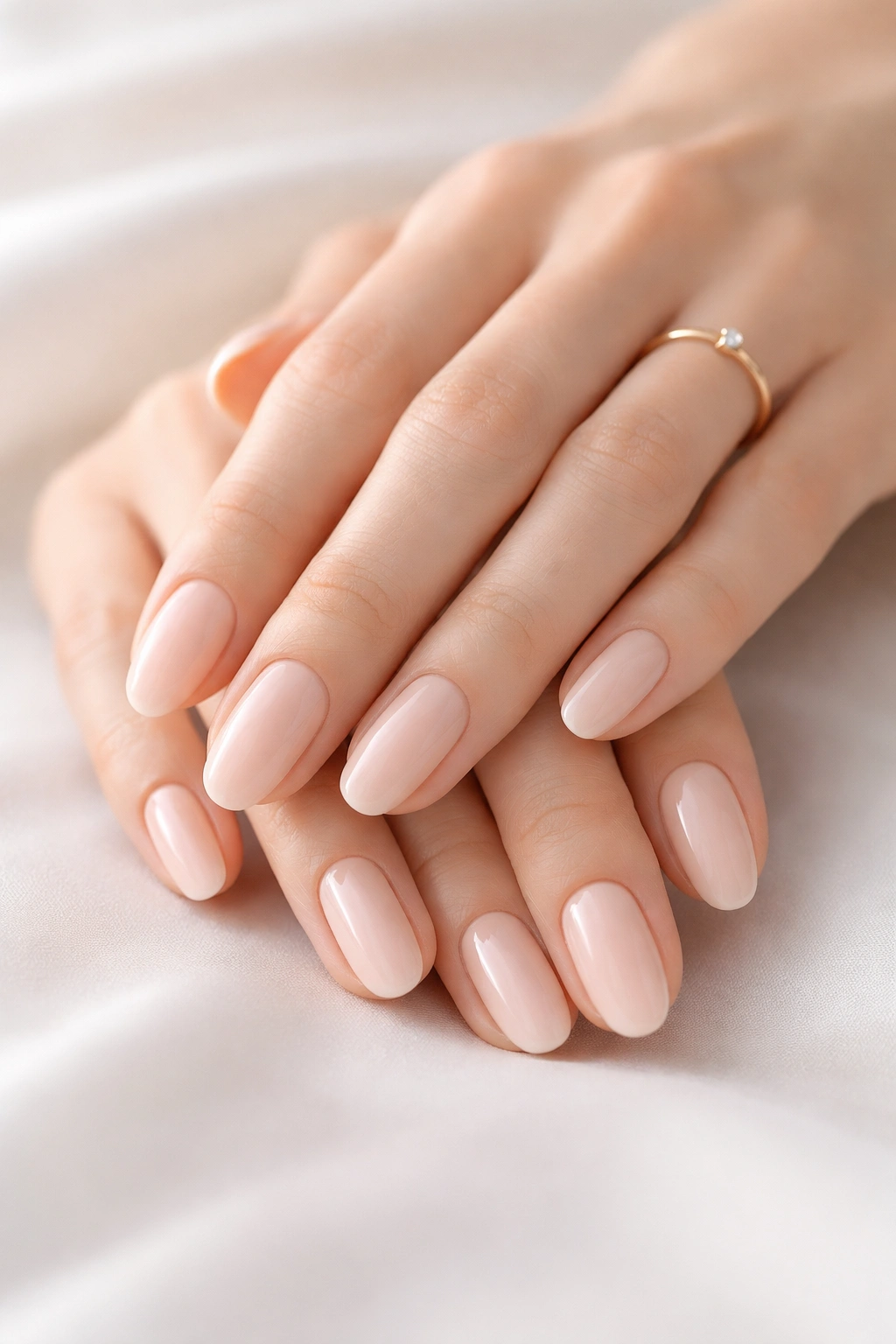 Neutral manicure with nude shades on hands in a minimal studio
