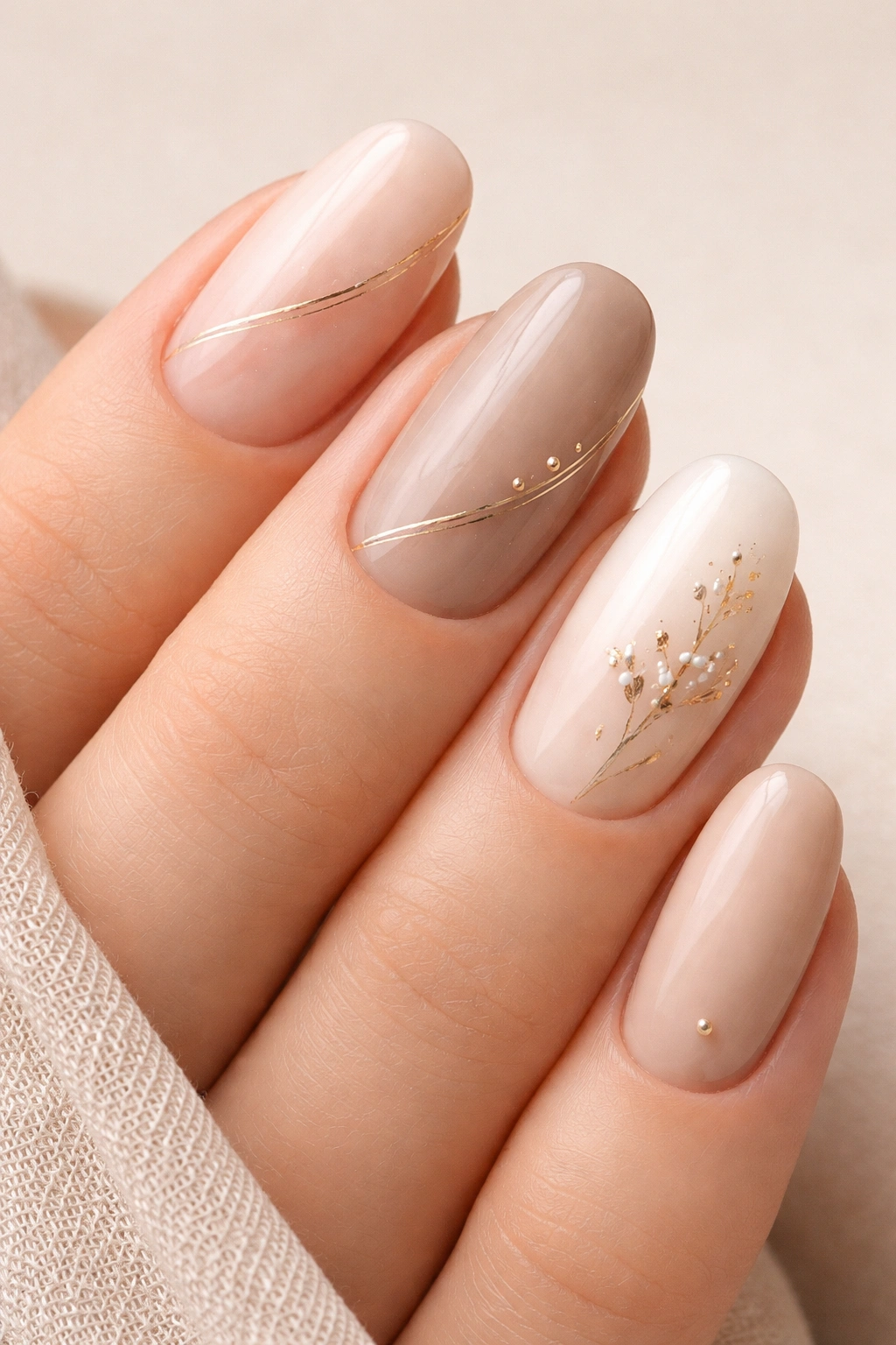 Close-up of nude-toned nails with subtle gold lines on a neutral background