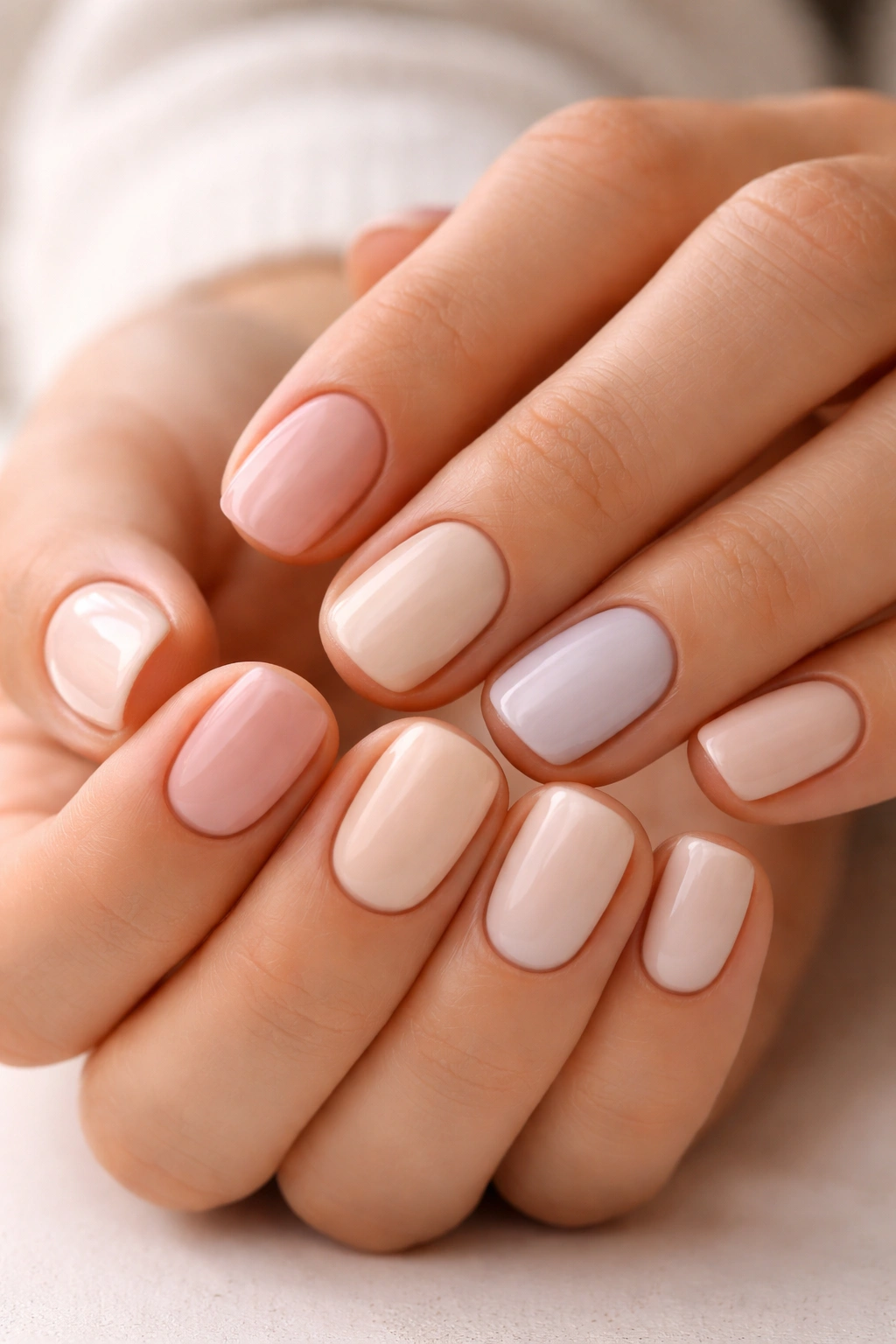 Close-up of hands with short nails painted in nude and pastel shades.
