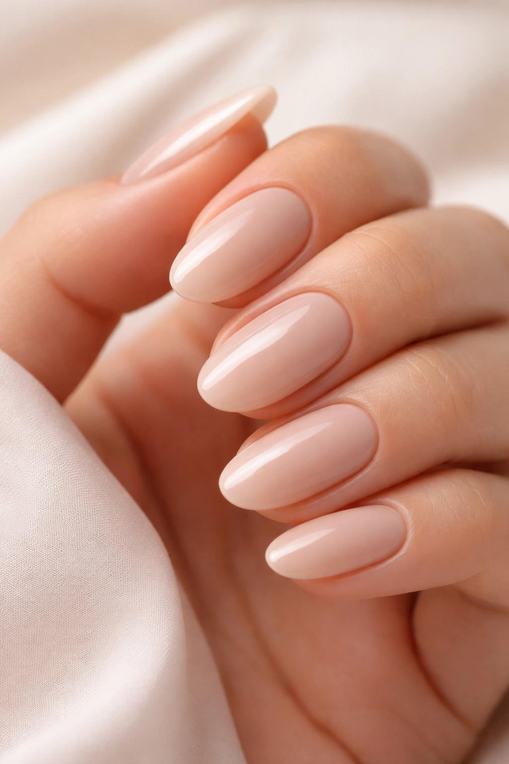 Natural nails with warm nude polish in an almond shape