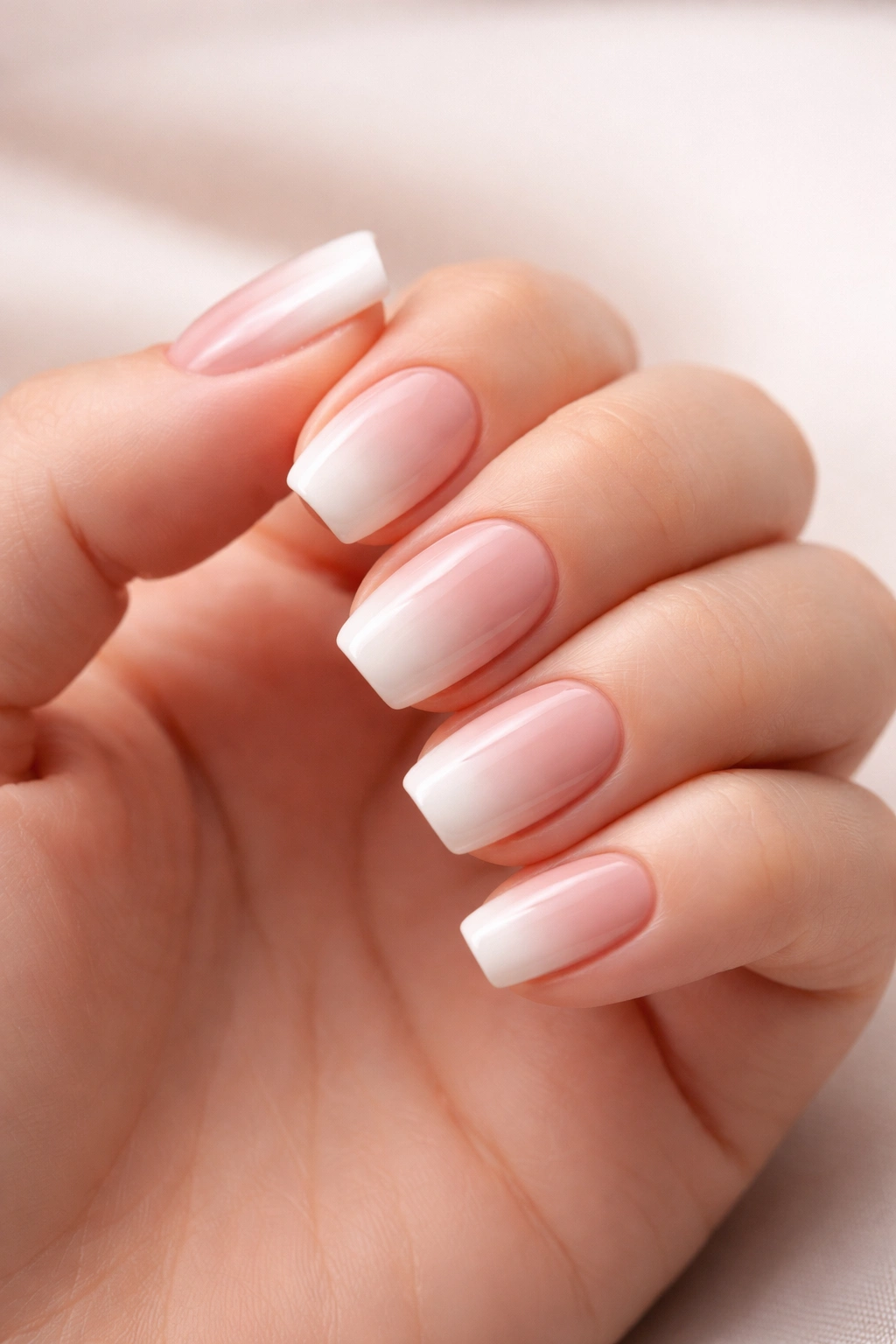 Close-up of nails in a neutral ombre palette.