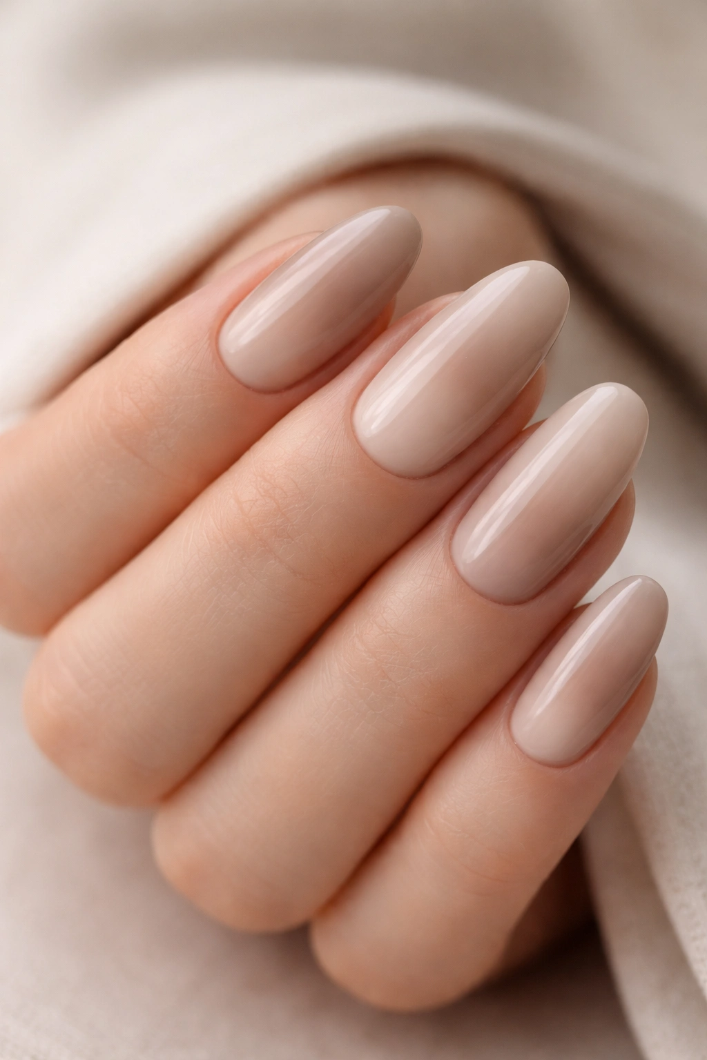 Close-up of nails with beige-taupe-cream gradient and high-gloss finish