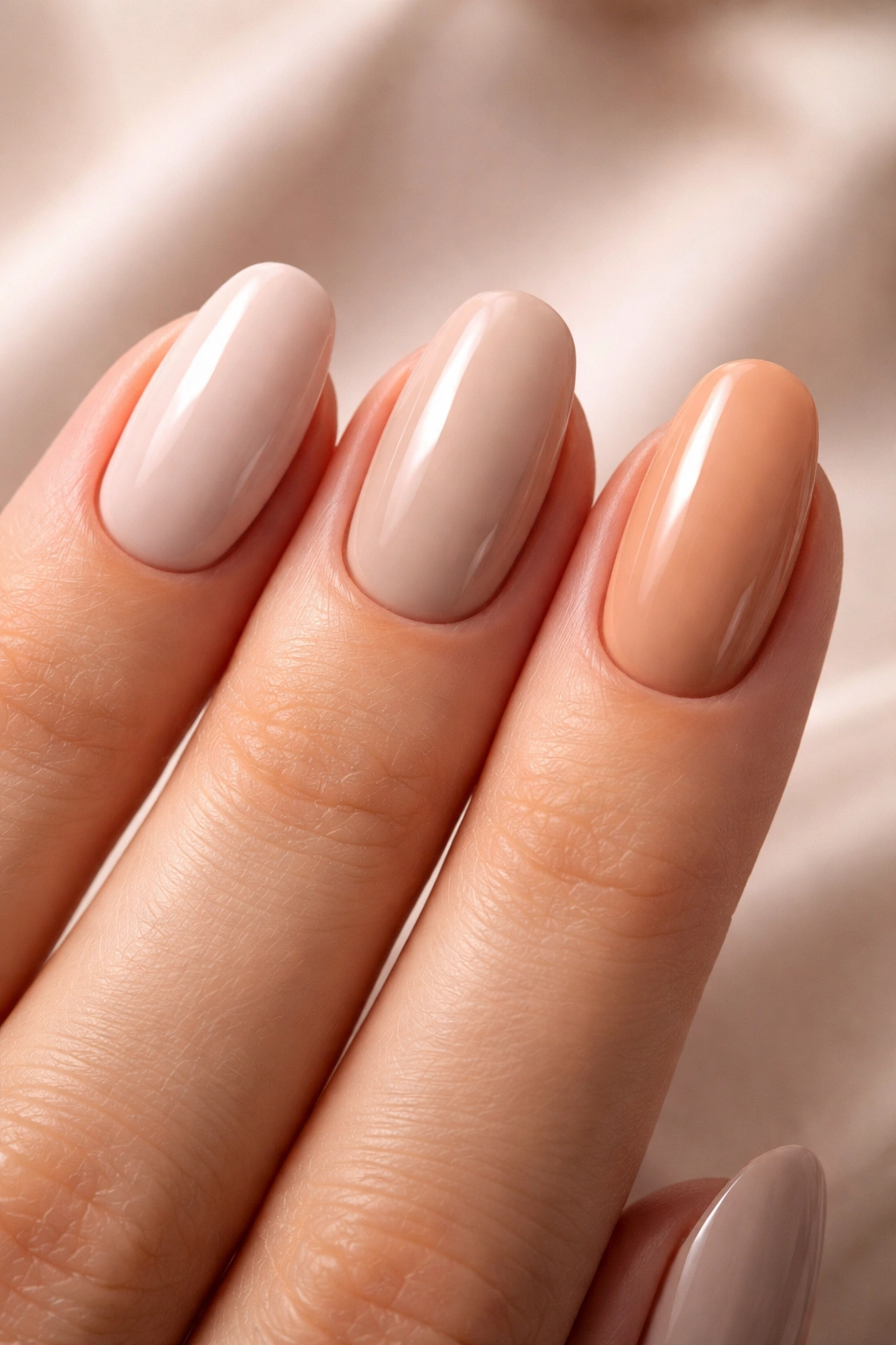 Hand with three neutral nail shades demonstrating undertone options