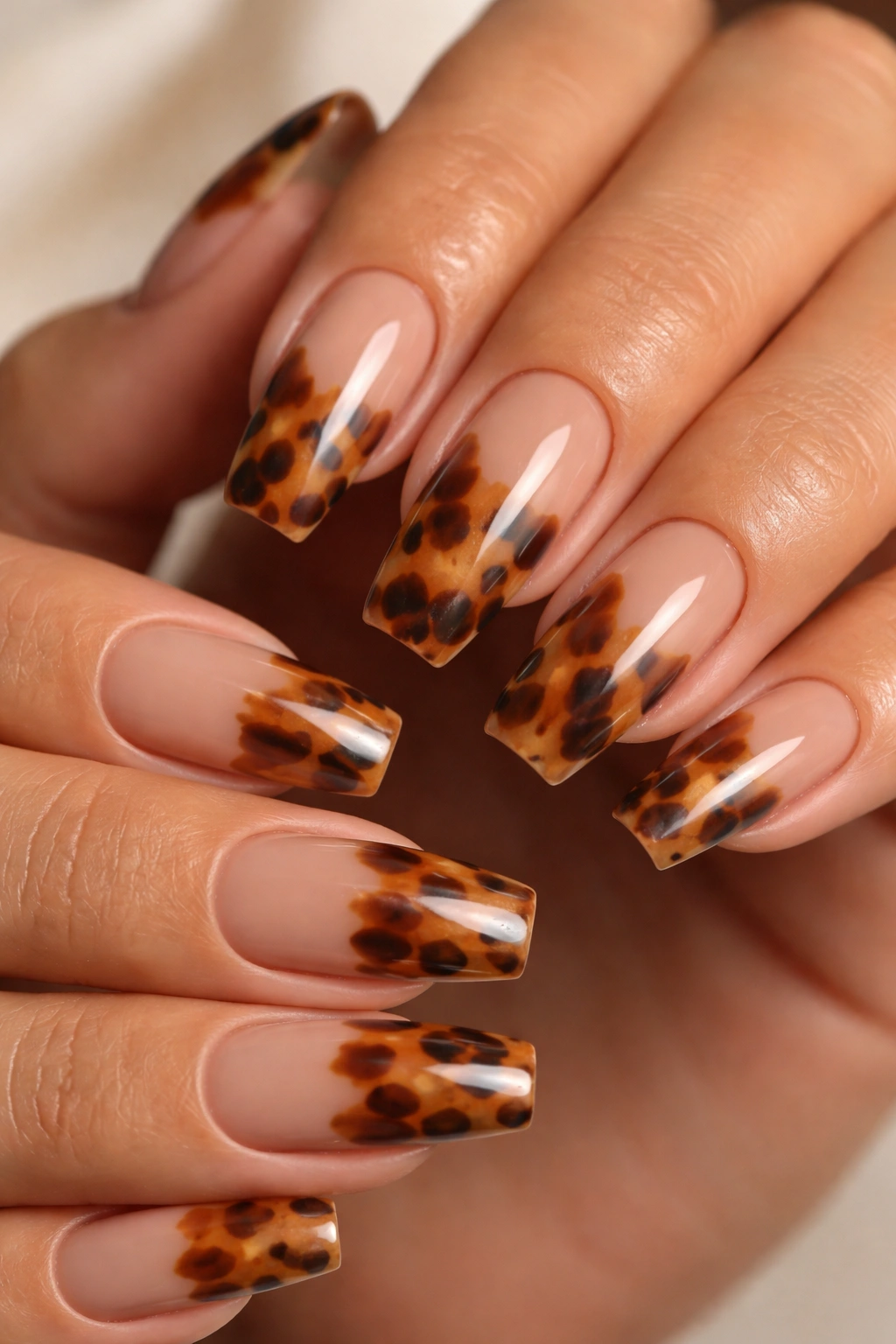 Neutral tan coffin nails with tortoiseshell pattern